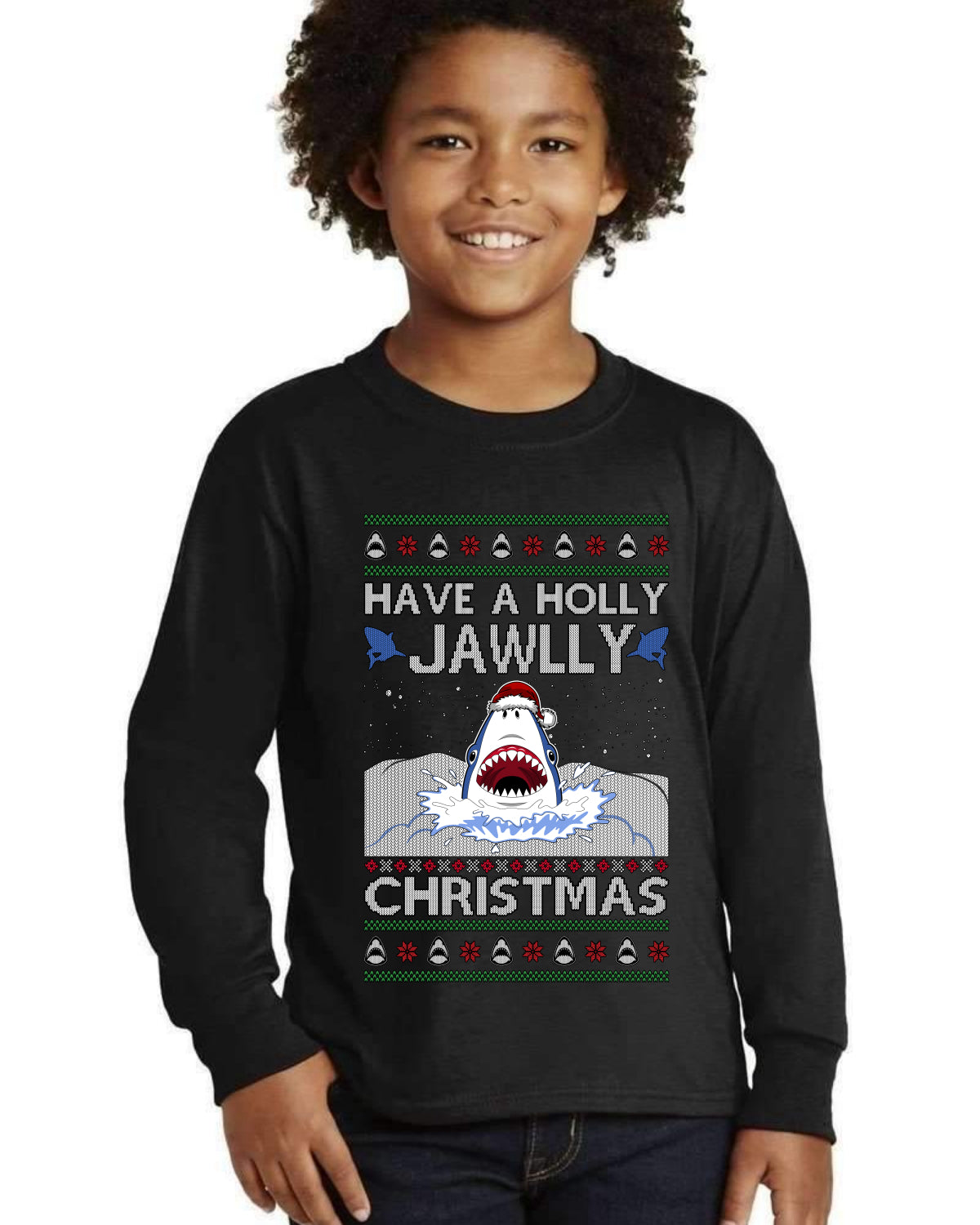 Have a Holly Jawlly Christmas, Cute Shark Ugly Christmas Sweater For Kids | Youth Longsleeve Shirt