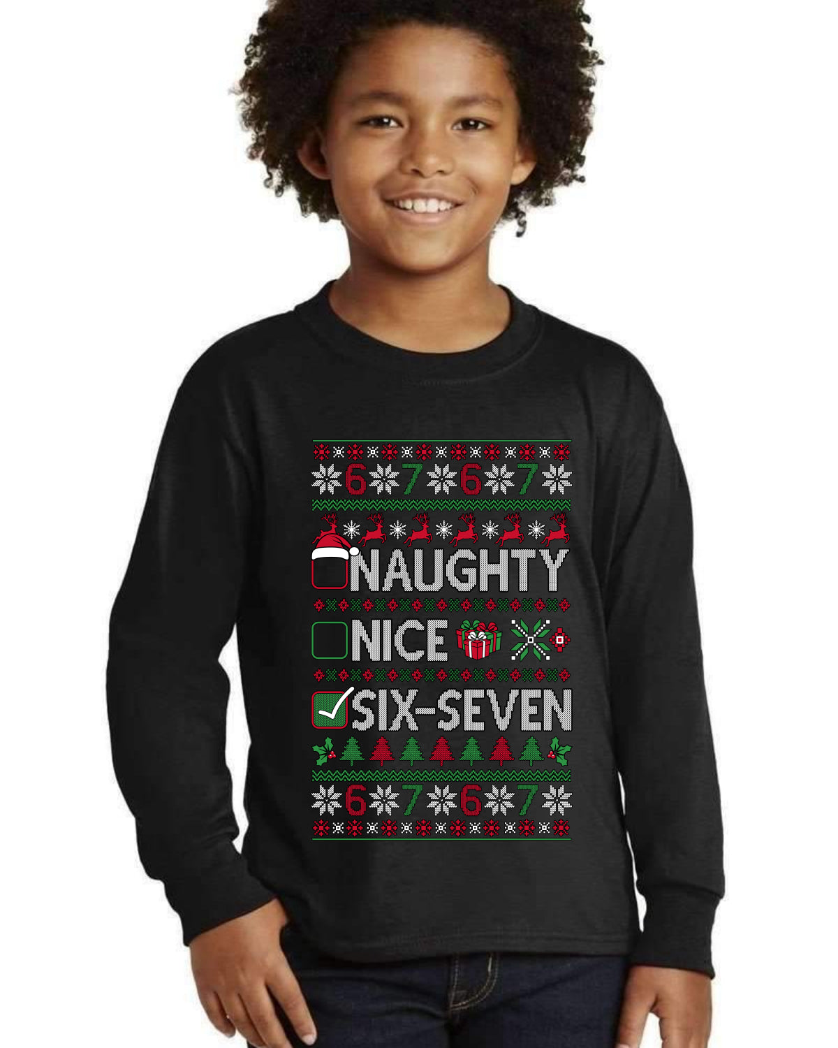Naughty Nice 6 7 Checklist Ugly Christmas Sweater For Kids | Youth Longsleeve Shirt