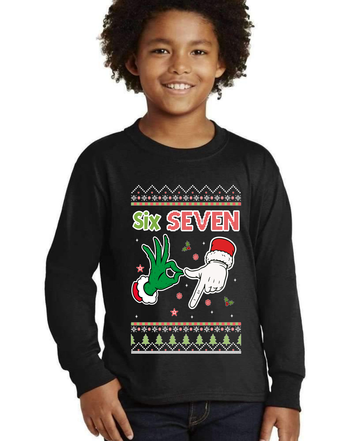 6 7 Christmas Hands Ugly Christmas Sweater For Kids | Youth Longsleeve Shirt