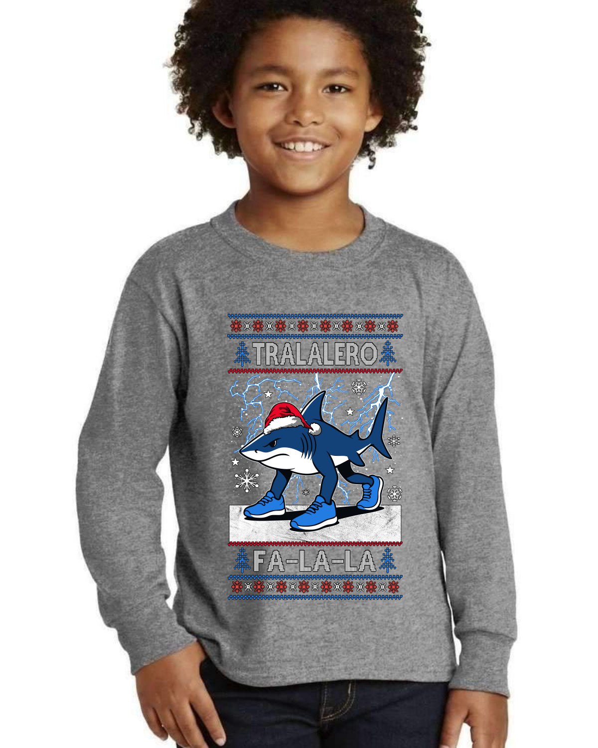 Tralalero Fa La La Brainrot Ugly Christmas Sweater For Kids | Youth Longsleeve Shirt