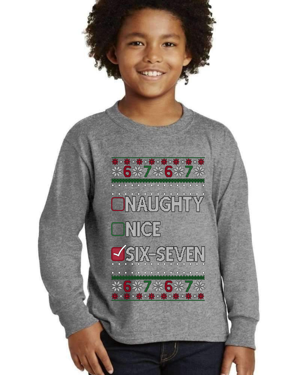 Naughty Nice 6 7 Checklist Ugly Christmas Sweater For Kids | Youth Longsleeve Shirt