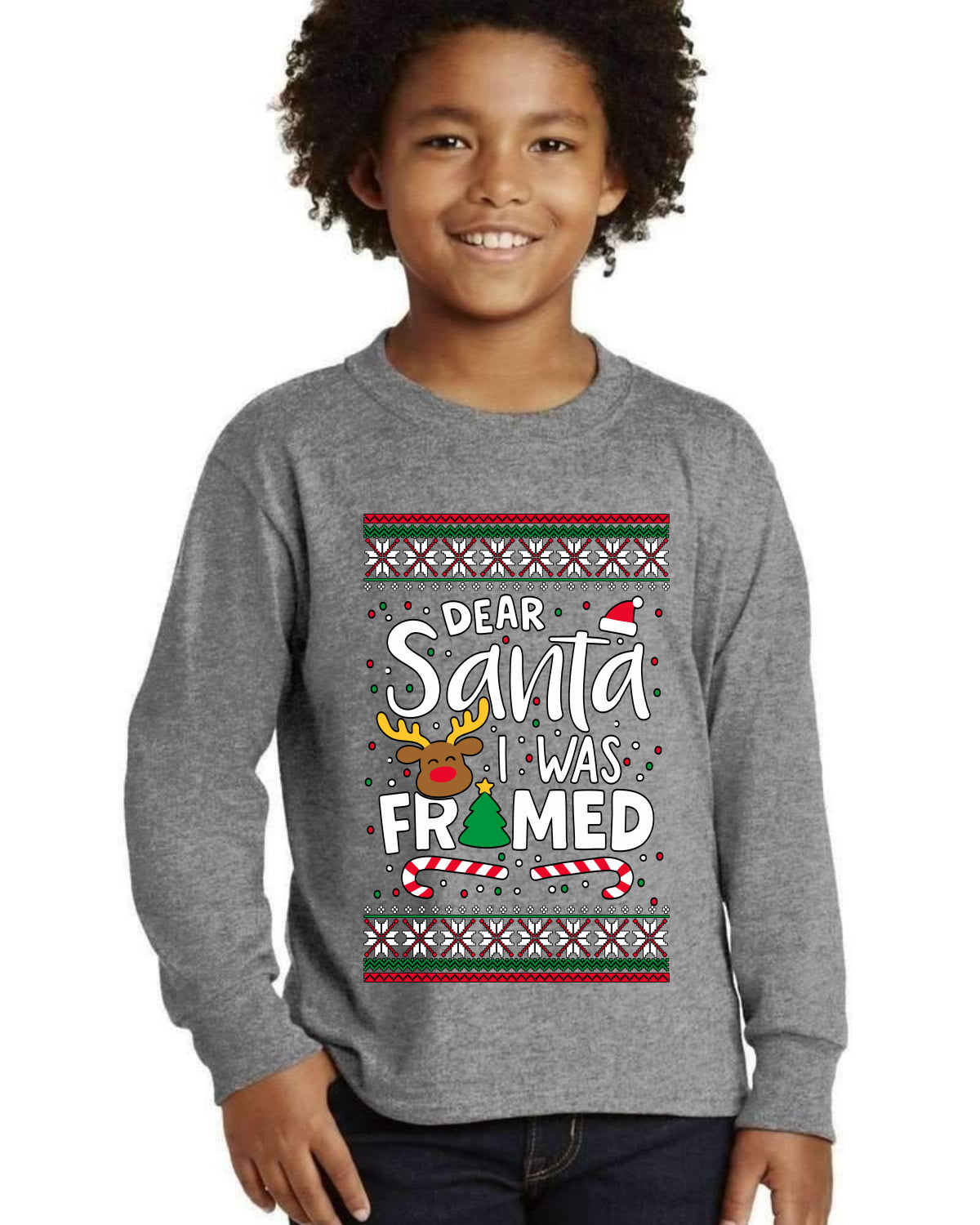 Dear Santa I Was Framed Ugly Christmas Sweater For Kids | Youth Longsleeve Shirt