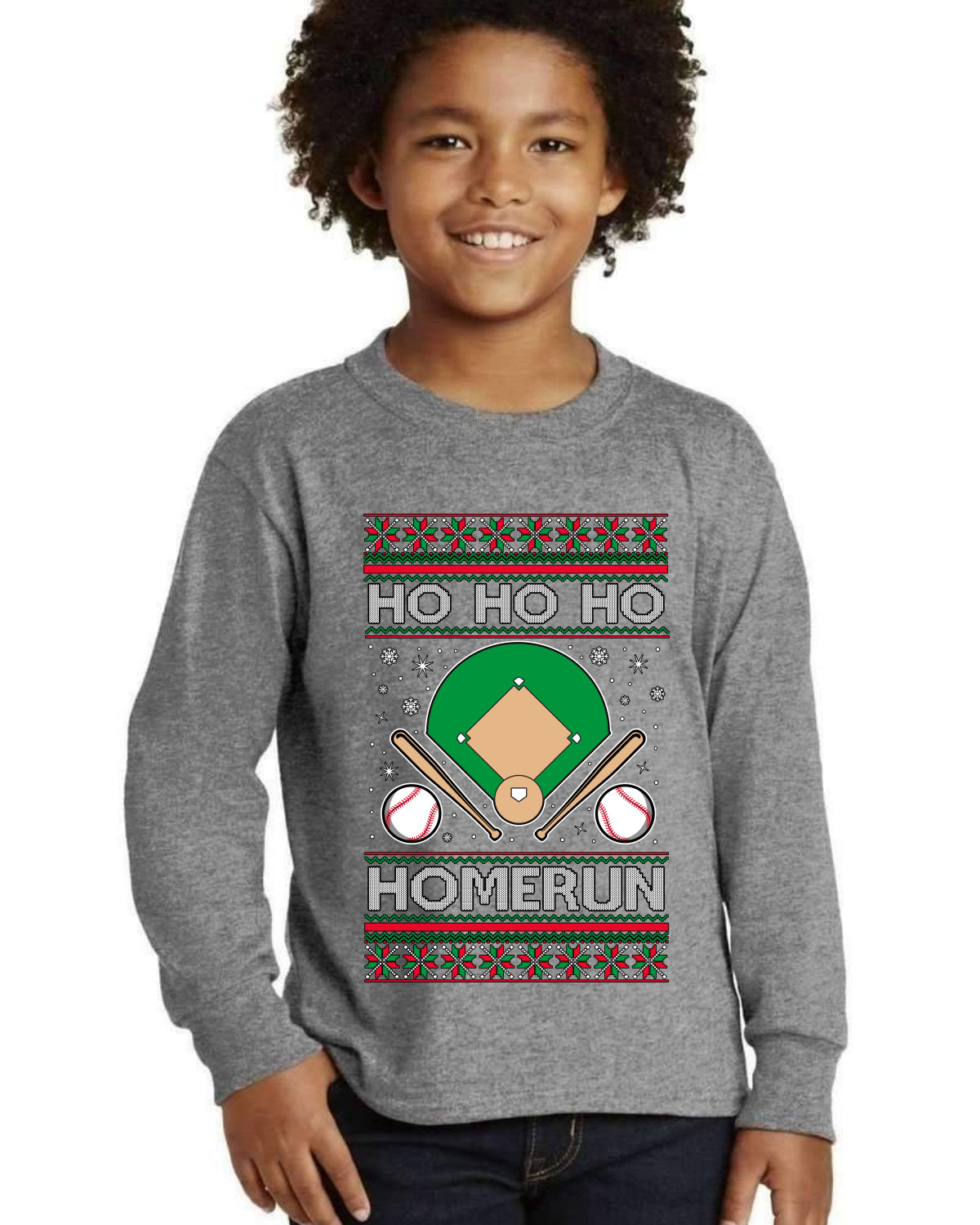 Ho Ho Ho Homerun, Baseball Fan Christmas Design Ugly Christmas Sweater For Kids | Youth Longsleeve Shirt