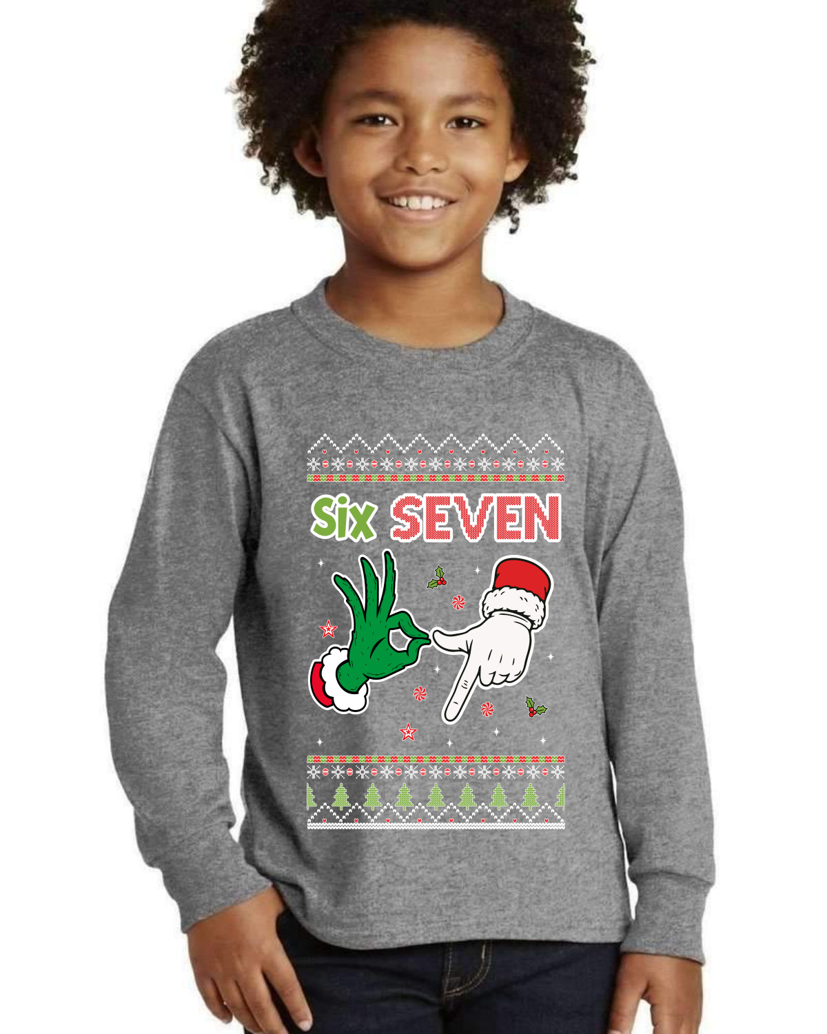 6 7 Christmas Hands Ugly Christmas Sweater For Kids | Youth Longsleeve Shirt