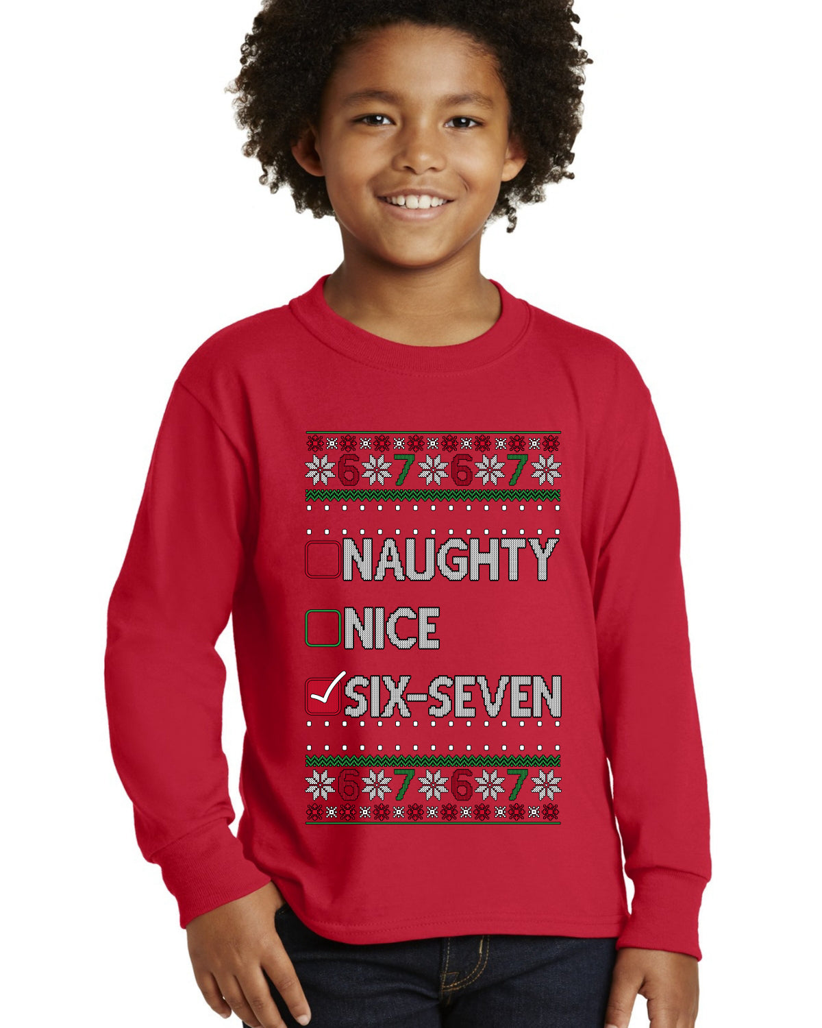 Naughty Nice 6 7 Checklist Ugly Christmas Sweater For Kids | Youth Longsleeve Shirt
