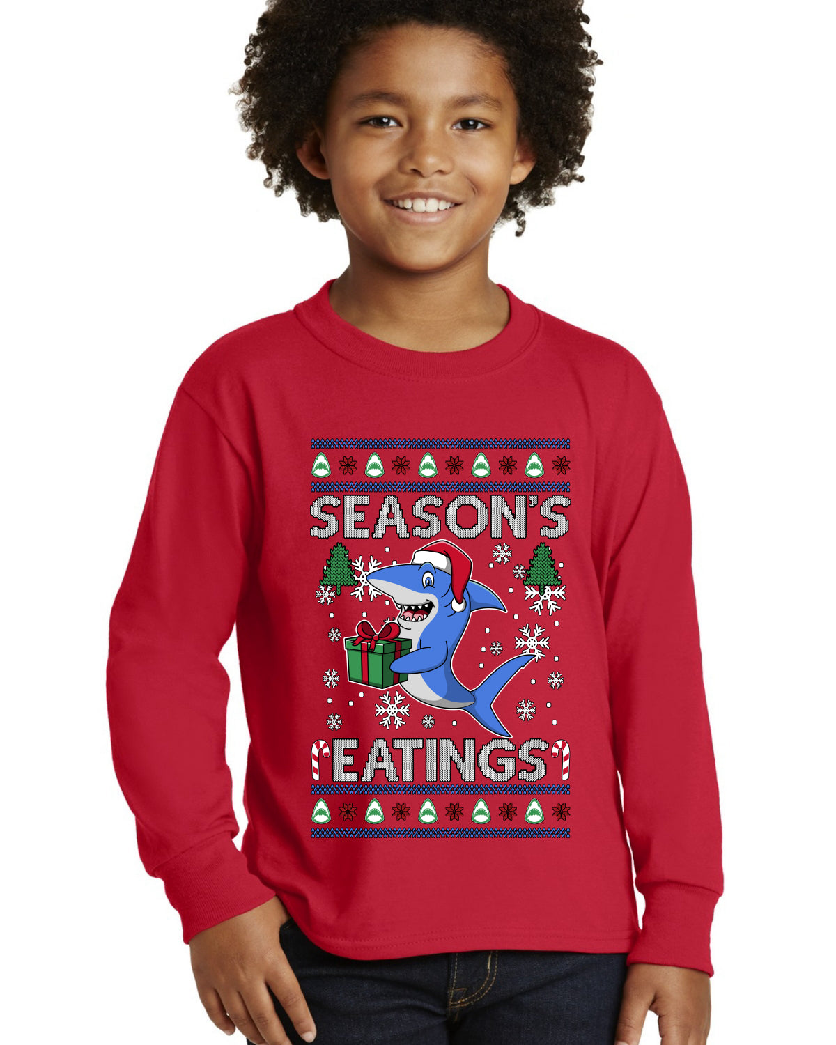 Season's Eatings Shark Ugly Christmas Sweater For Kids | Youth Longsleeve Shirt