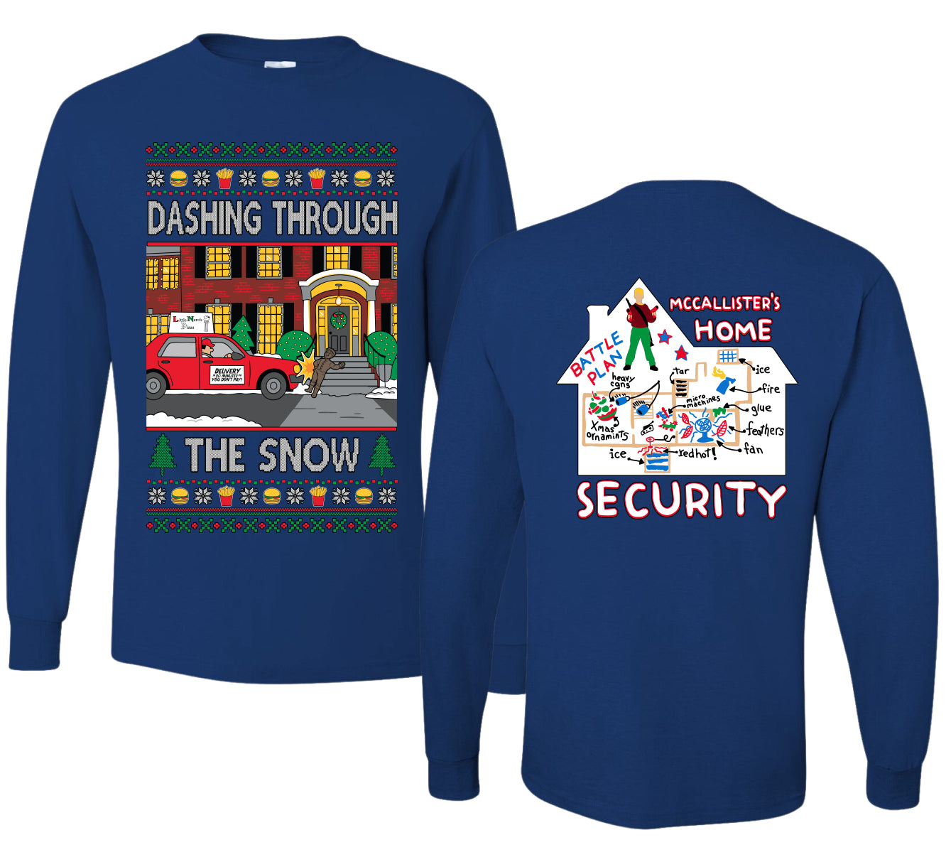 Dashing Through The Snow Classic 90s Holiday Movie Front and Back Unisex Ugly Christmas Sweater Mens Long Sleeve Shirt