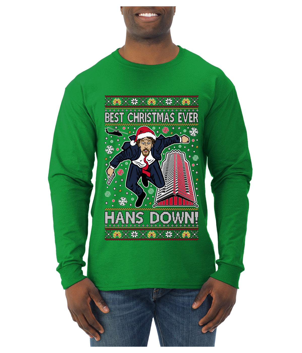 Die Hard Best Christmas Ever Hans Down Nakatomi, Ugly Christmas Sweater Unisex Mens Long Sleeve Shirt