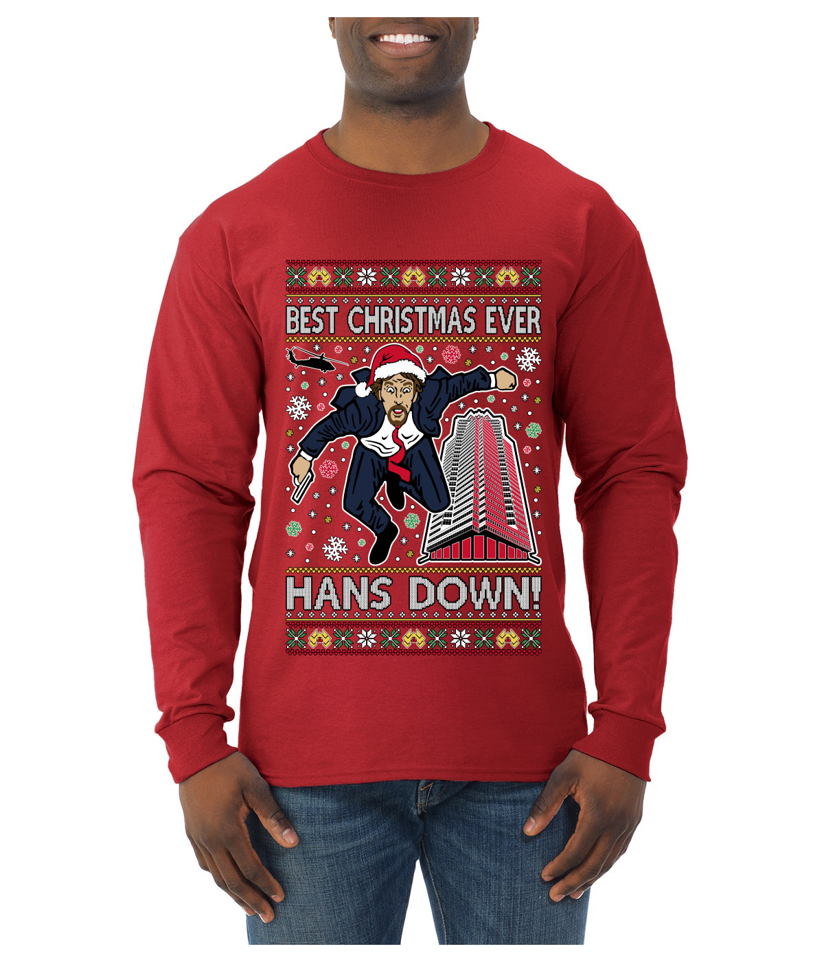 Die Hard Best Christmas Ever Hans Down Nakatomi, Ugly Christmas Sweater Unisex Mens Long Sleeve Shirt