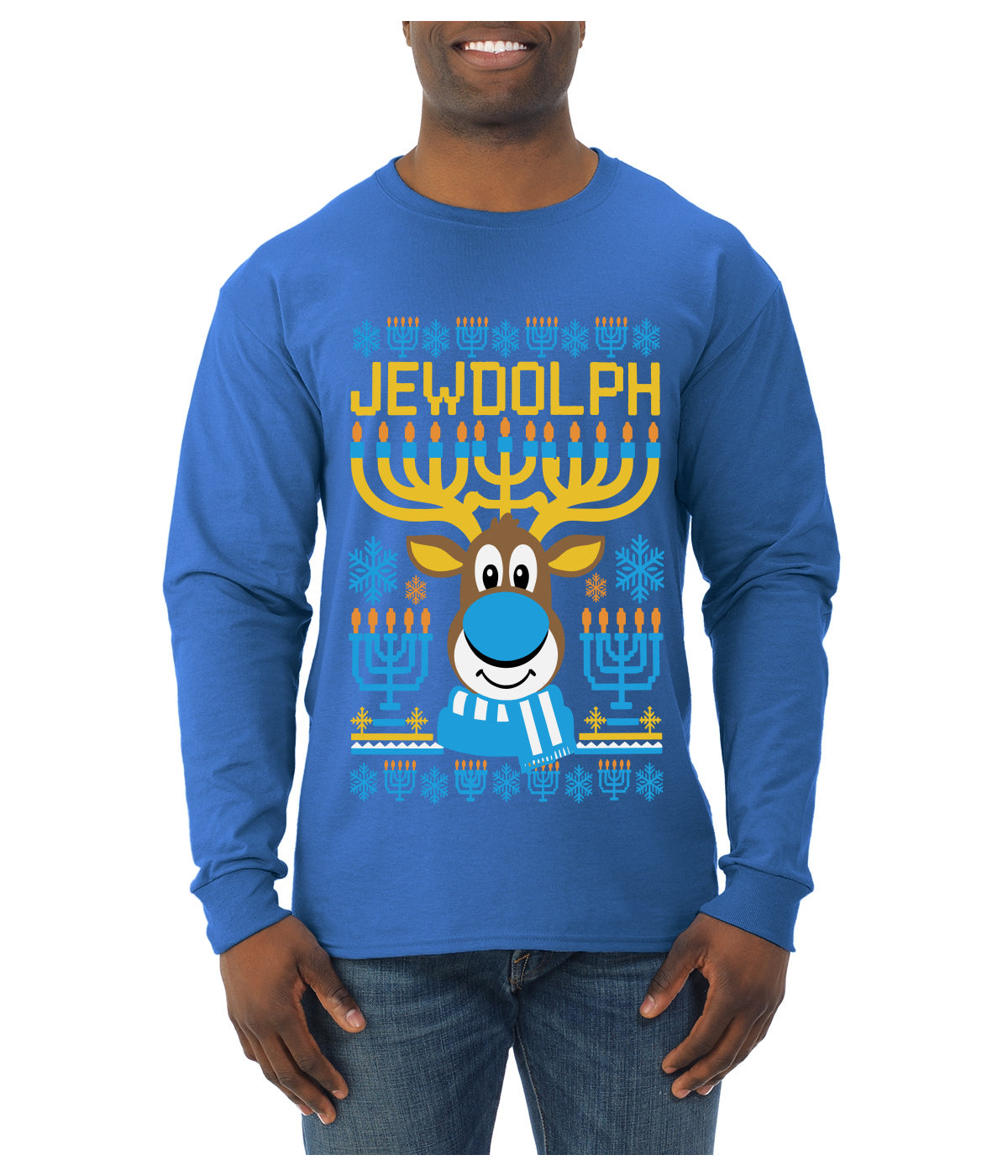 Jewdolph, Jewish Reindeer, Ugly Christmas Sweater Unisex Mens Long Sleeve Shirt