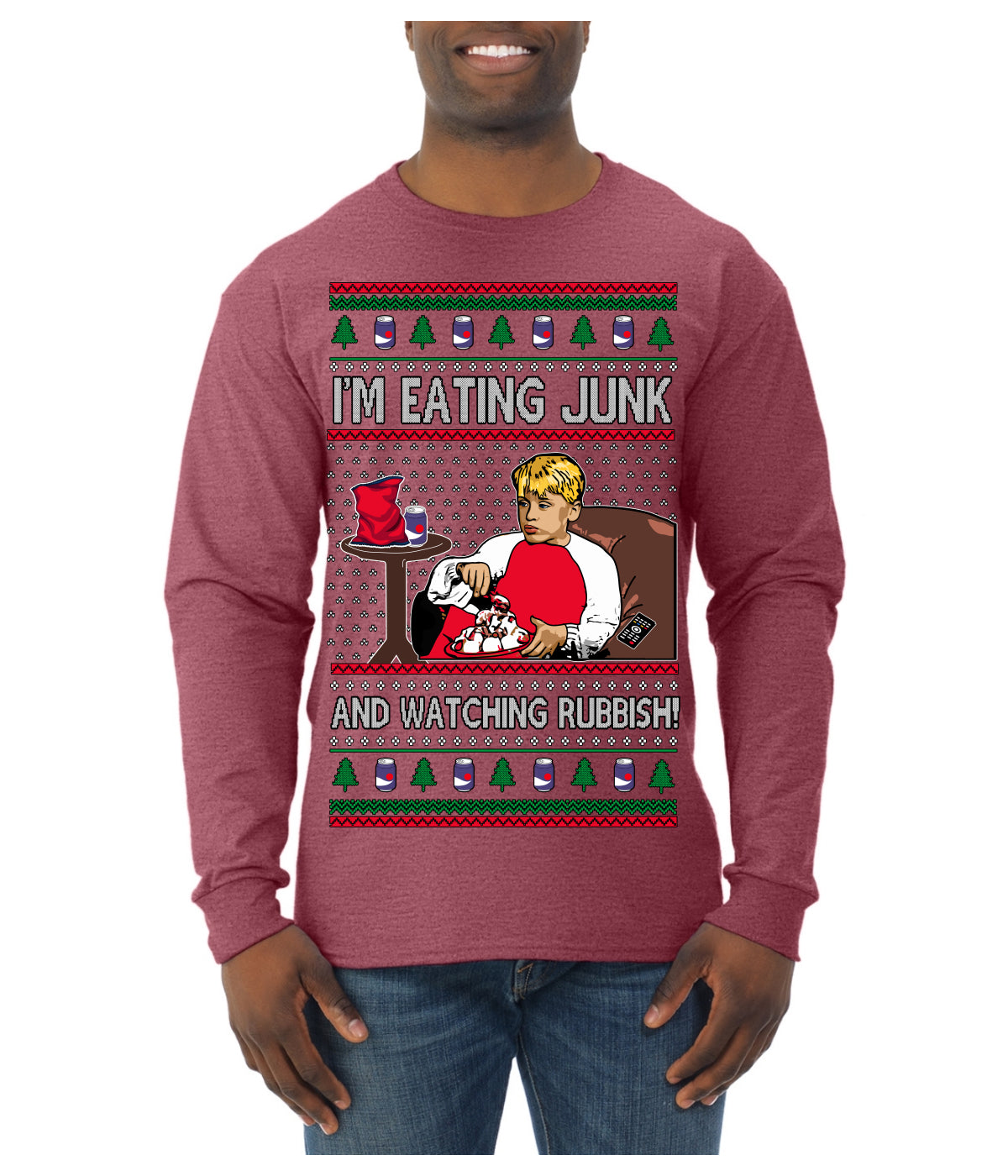 I'm Eating Junk and Watching Rubbish 90s Movie Ice Cream Ugly Christmas Sweater Mens Long Sleeve Shirt