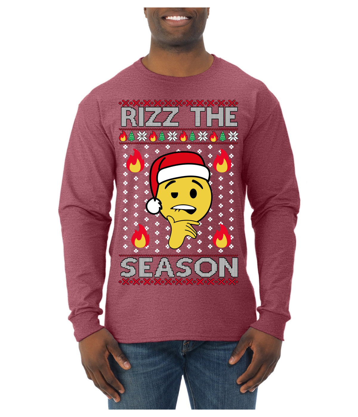 Rizz the Season Viral Internet Fire Emoji Face Meme Ugly Christmas Sweater Mens Long Sleeve Shirt