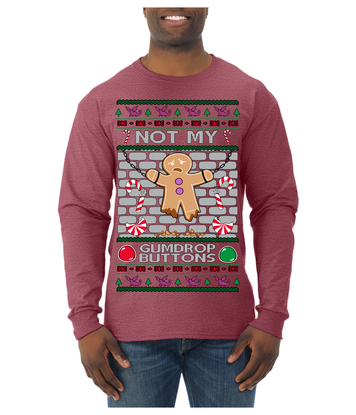 Not My Gumdrop Buttons Funny Classic Movie Quote Ugly Christmas Sweater Mens Long Sleeve Shirt