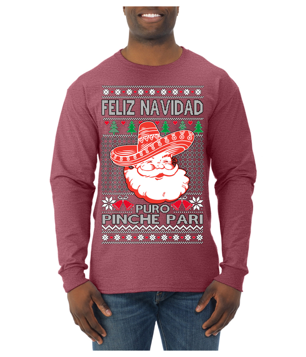 Feliz Navidad Puro Pinche Pari Funny Spanish Song Ugly Christmas Sweater Mens Long Sleeve Shirt