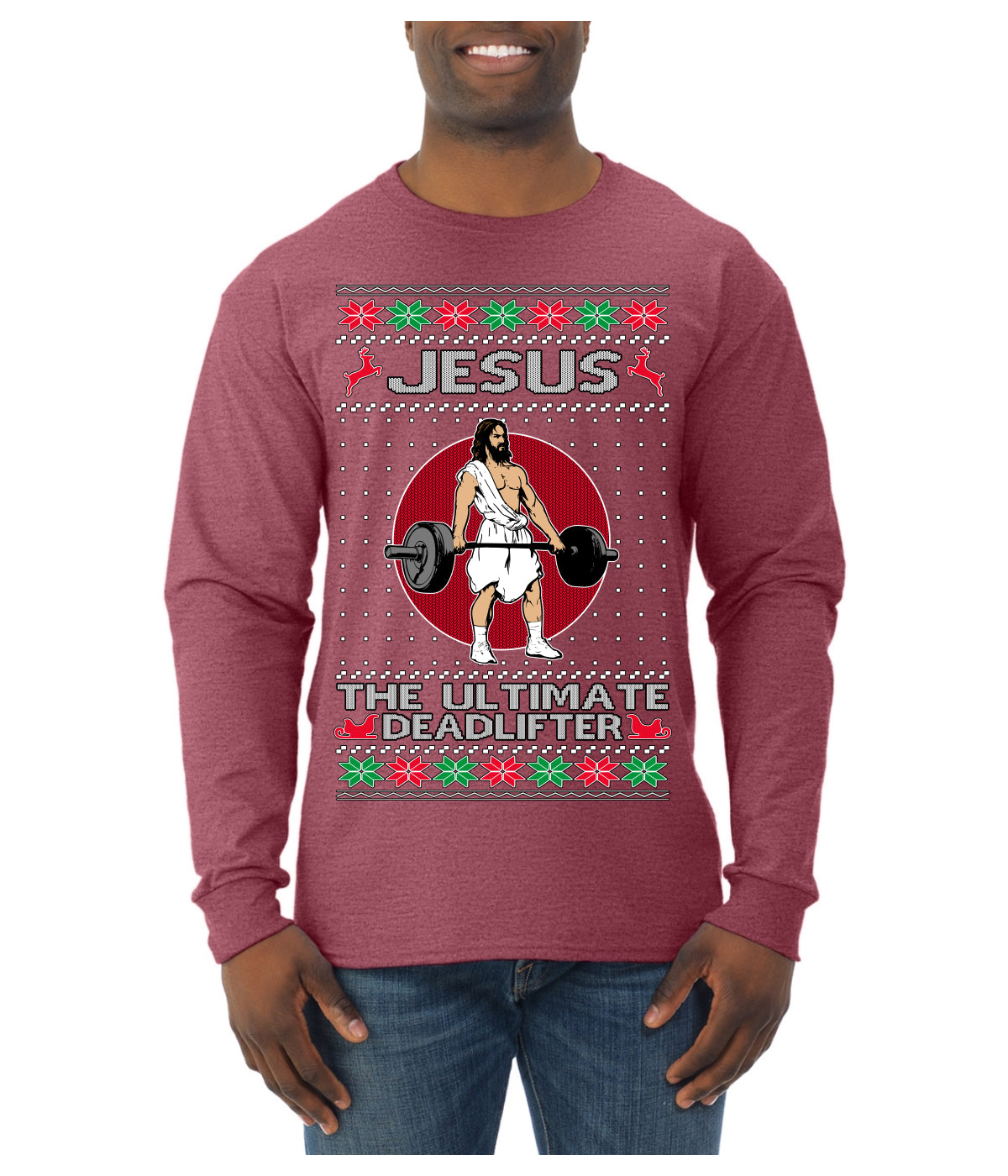 Jesus the Ultimate Deadlifter Funny Ugly Christmas Sweater Mens Long Sleeve Shirt
