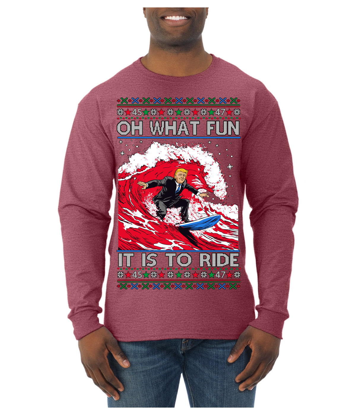 Oh What Fun It Is to Ride Donald Trump Red Wave Landslide Ugly Christmas Sweater Mens Long Sleeve Shirt