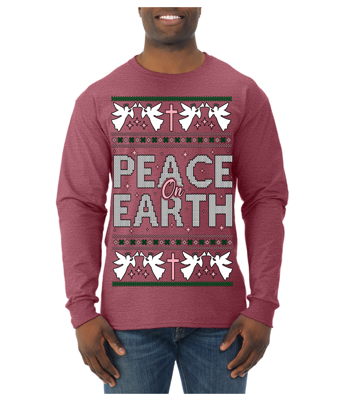 Peace On Earth Funny Xmas Cute Pink Angel Cross Ugly Christmas Sweater Mens Long Sleeve Shirt