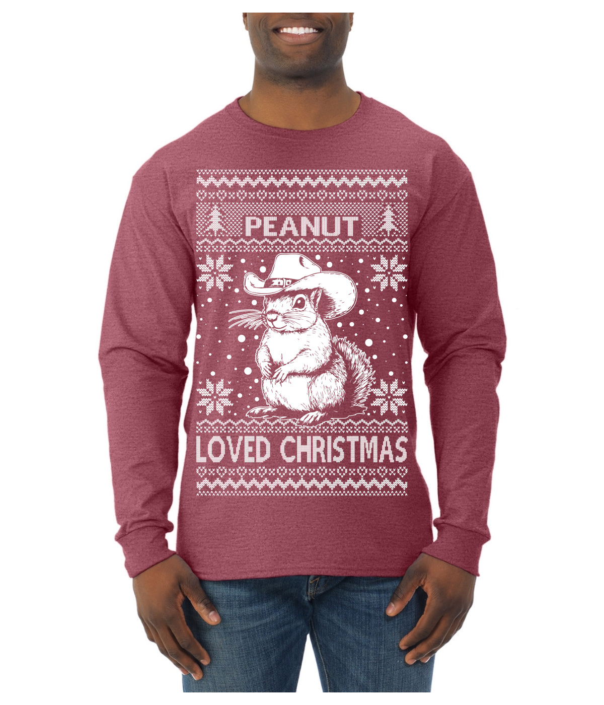 Peanut Loved Christmas RIP Funny Viral Squirrel Meme Ugly Christmas Sweater Mens Long Sleeve Shirt