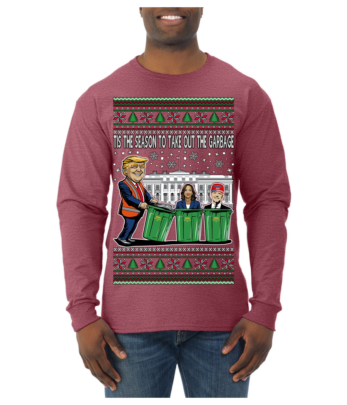 Tis the Season to Take Out the Garbage President Trump Ugly Christmas Sweater Mens Long Sleeve Shirt