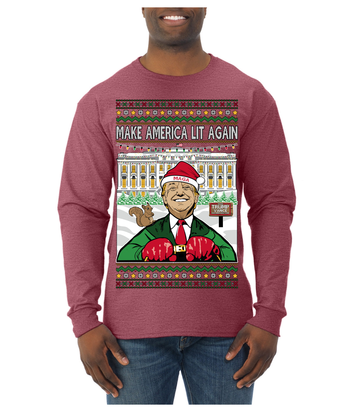 Make America Lit Again Funny Trump 2024 White House MAGA Ugly Christmas Sweater Mens Long Sleeve Shirt