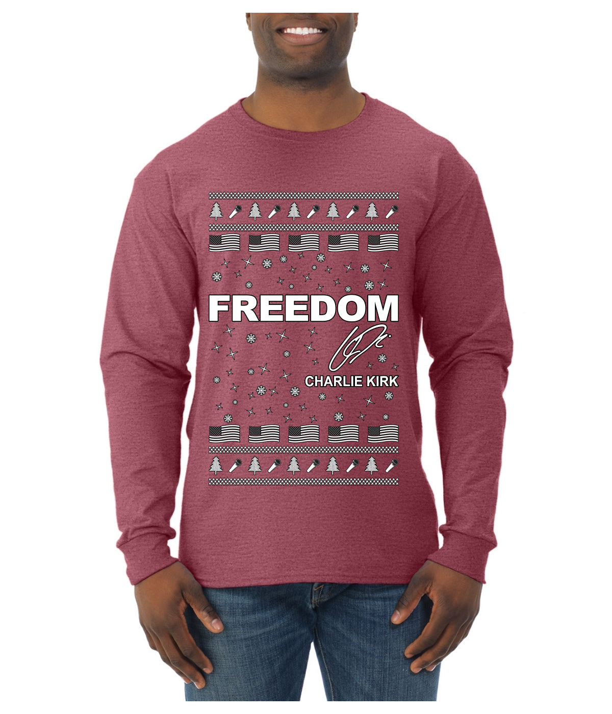 Freedom, Charlie Kirk Political Activist, Right Wing, Ugly Christmas Sweater Mens Long Sleeve Shirt