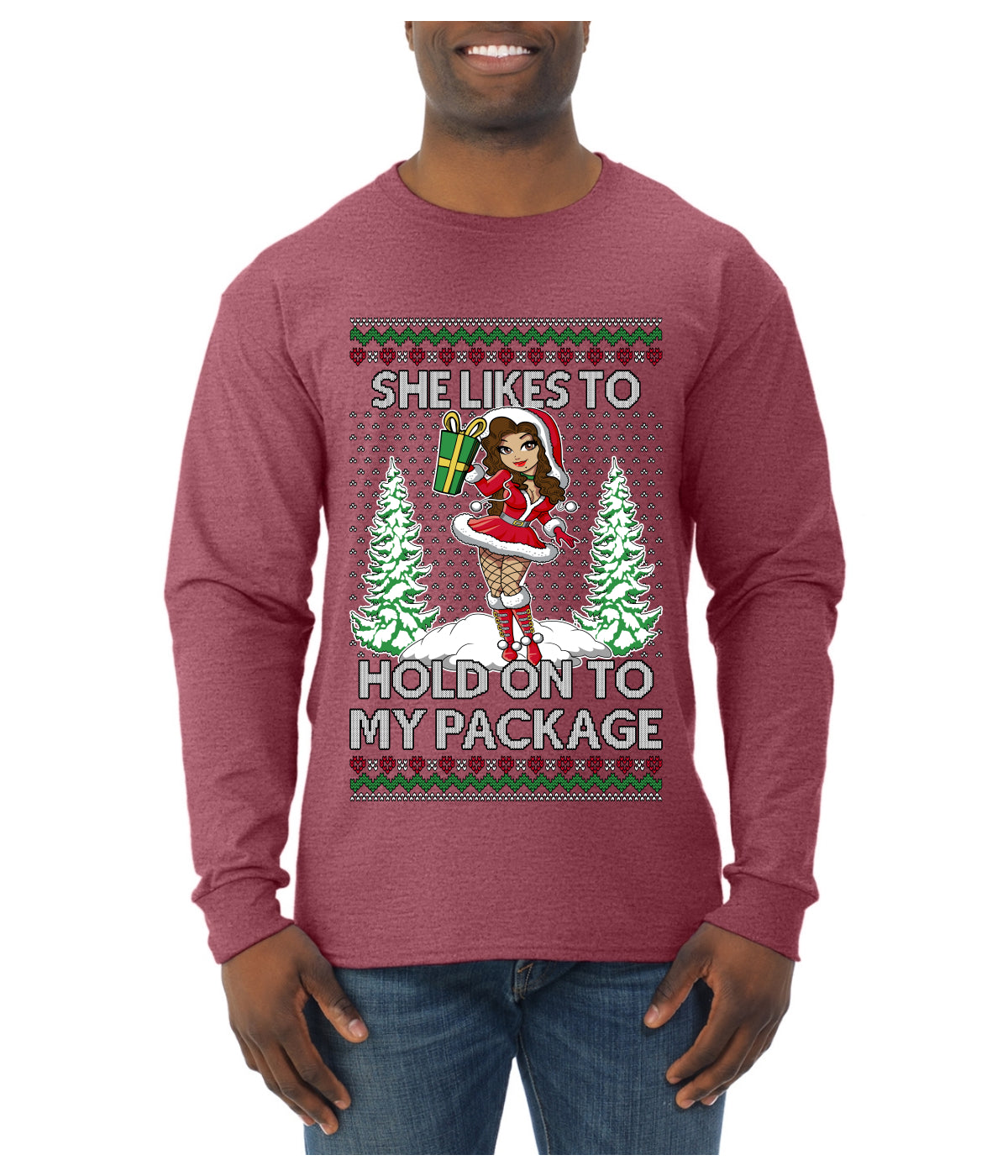 Hold My Package, Ugly Christmas Sweater Unisex Unisex Mens Long Sleeve Shirt