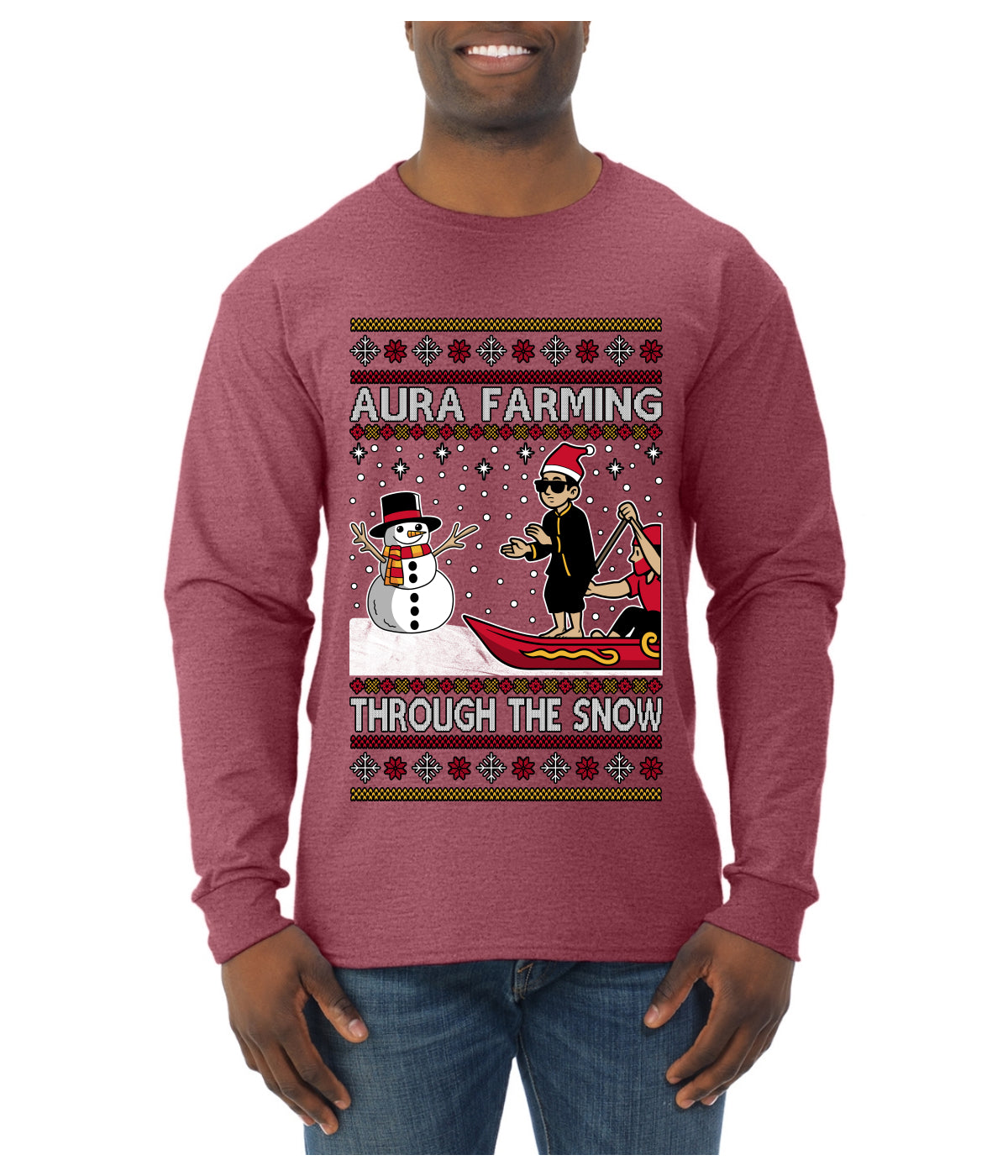 Aura Farming Through The Snow Meme, Ugly Christmas Sweater Unisex Mens Long Sleeve Shirt