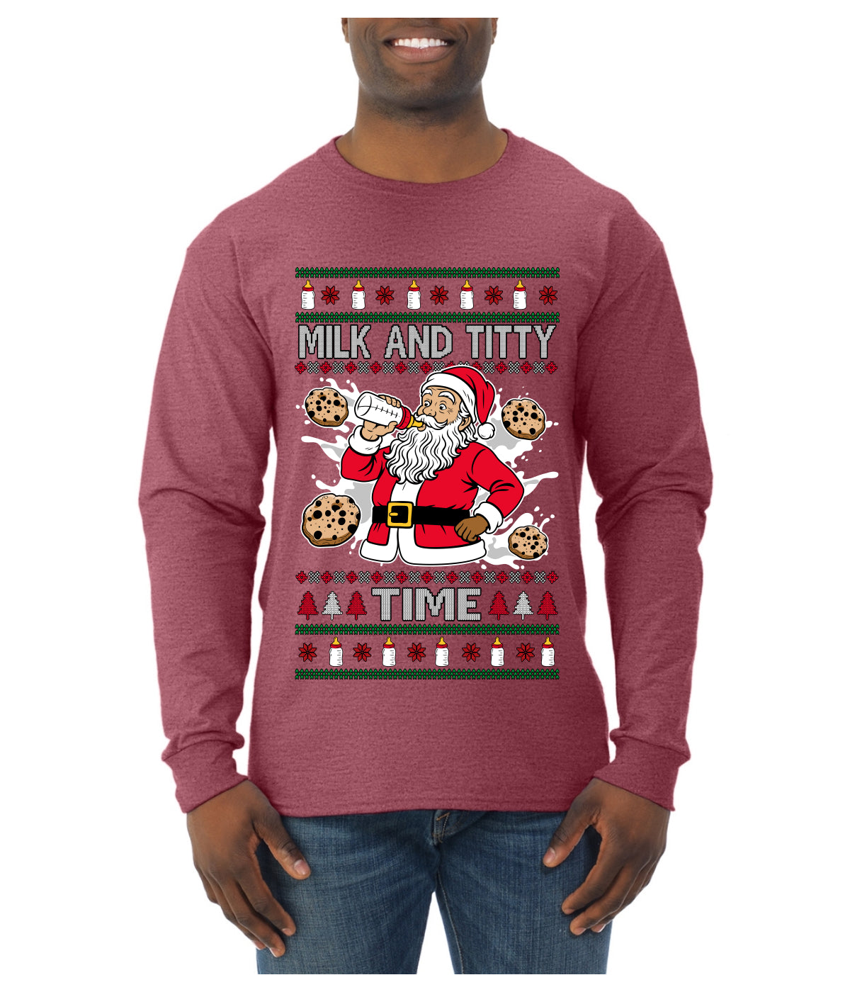 Milk And Titty Time, Ugly Christmas Sweater Unisex Mens Long Sleeve Shirt