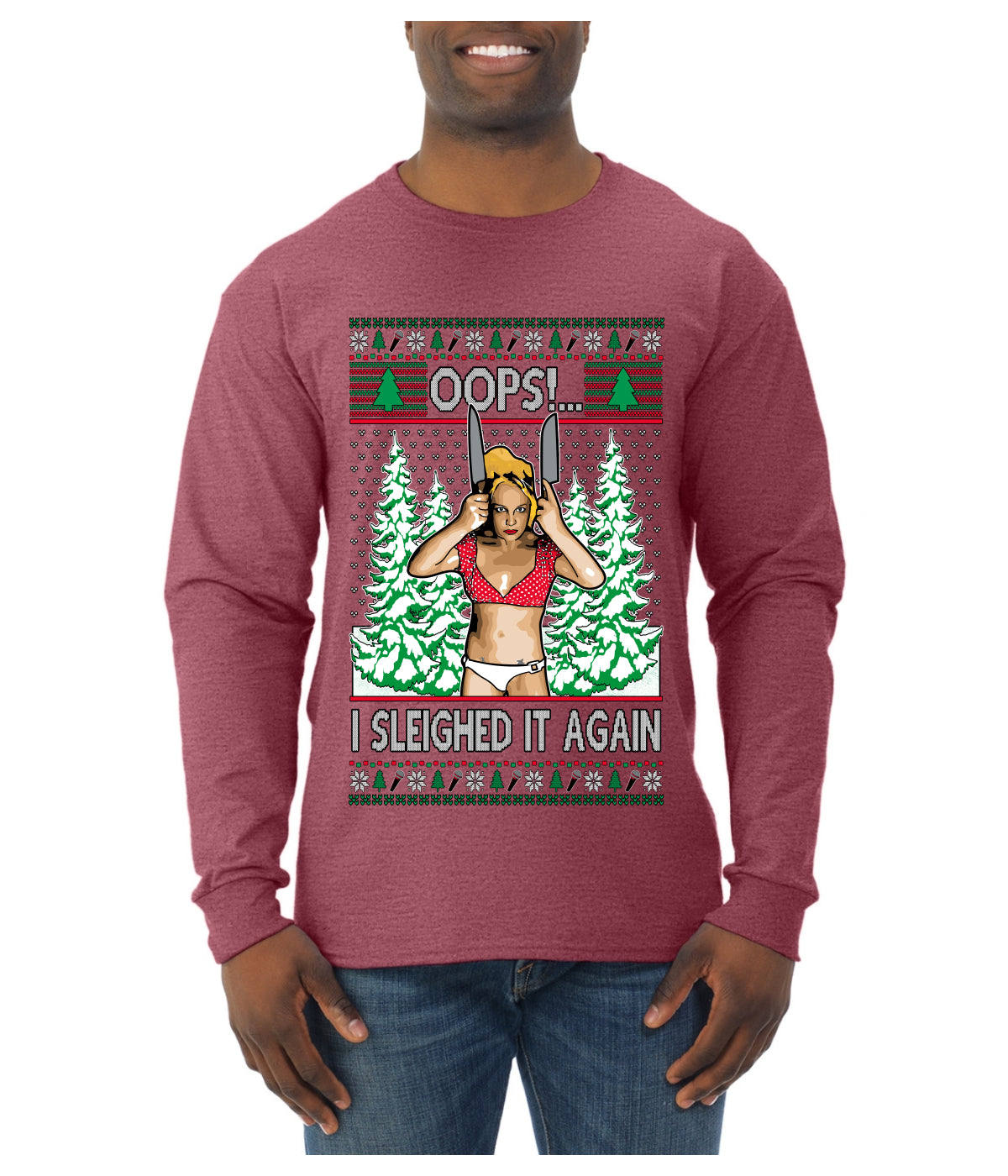 Funny, Knives Popstar Dancing, Music Lover Comedic Christmas Sweater Design, Ugly Christmas Sweater Unisex Mens Long Sleeve Shirt