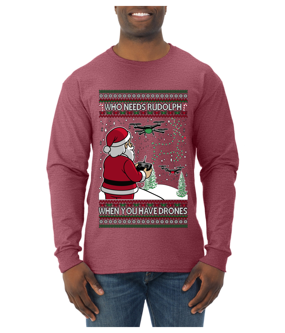 Santa Drone Show Reindeer, Ugly Christmas Sweater Unisex Mens Long Sleeve Shirt