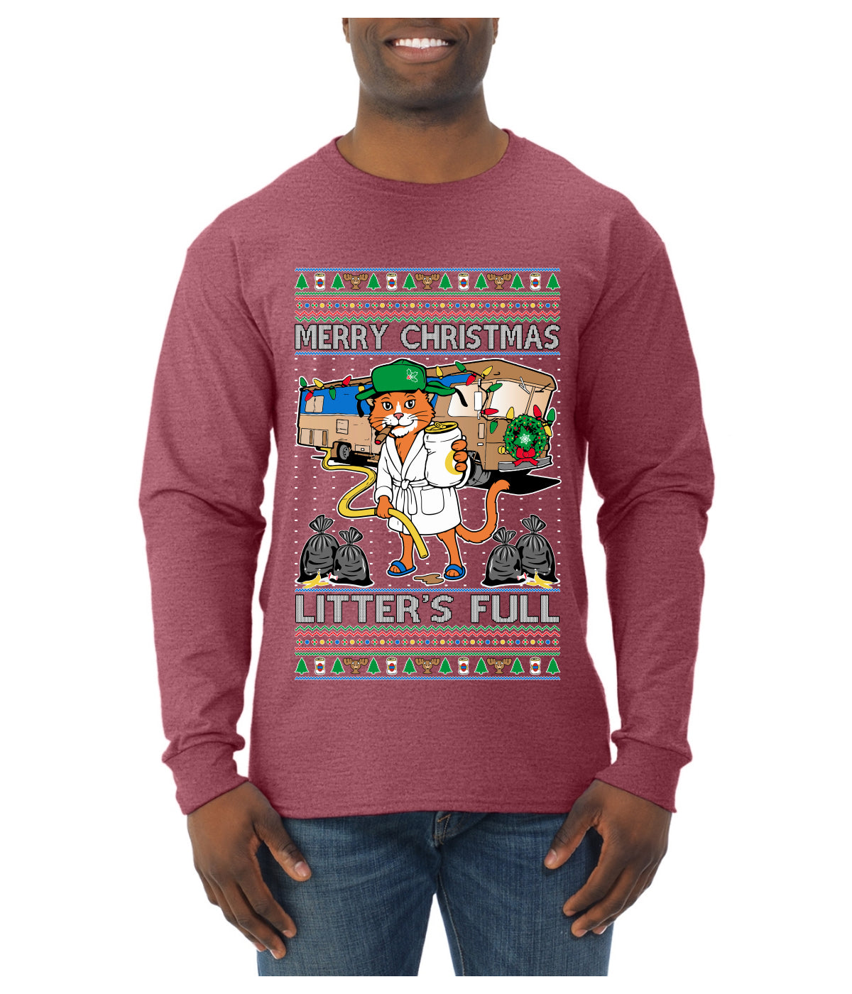 Litters Full Cat, Ugly Christmas Sweater Unisex Mens Long Sleeve Shirt