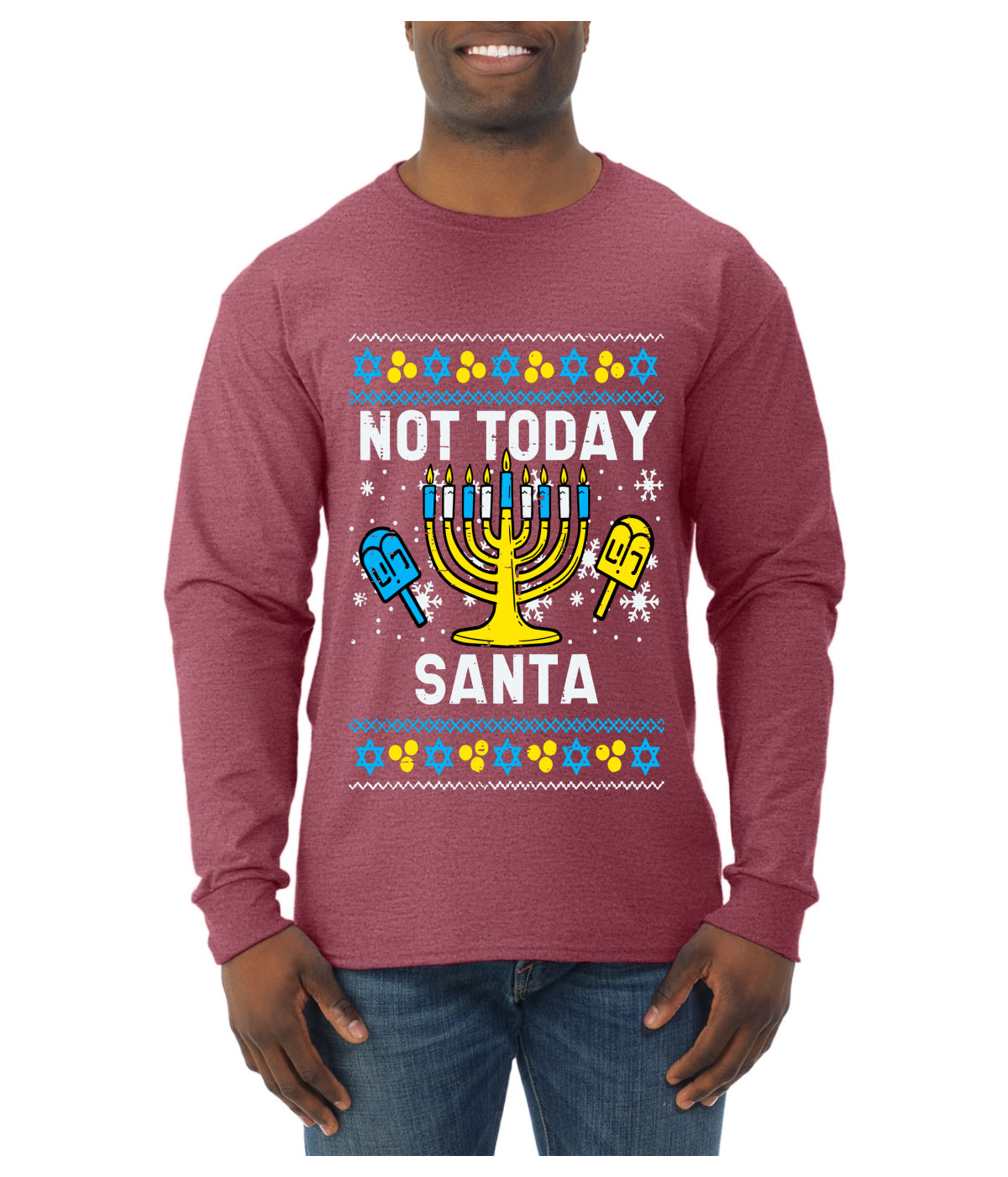 Not Today Santa Menorah Hanukkah, Ugly Christmas Sweater Unisex Mens Long Sleeve Shirt