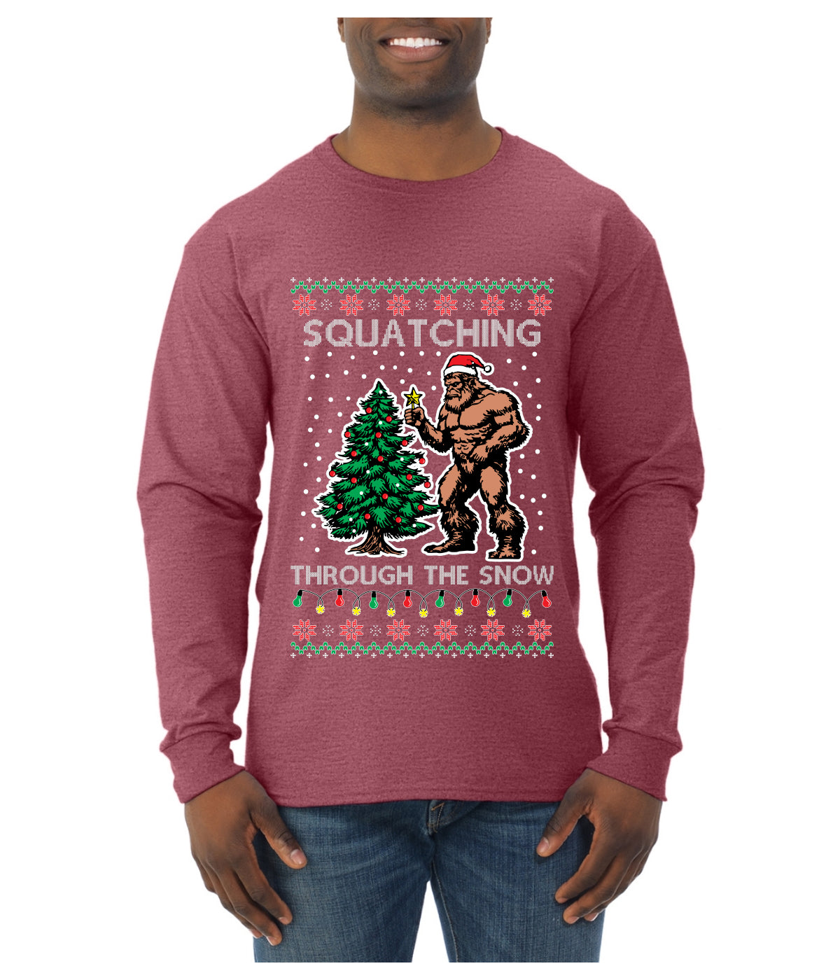 Squatching Through The Snow Bigfoot, Ugly Christmas Sweater Unisex Mens Long Sleeve Shirt