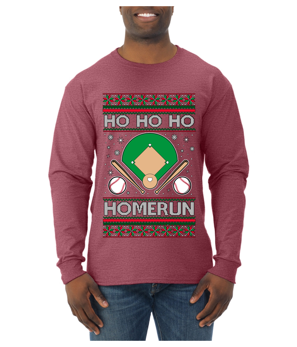 Ho Ho Ho Homerun, Baseball Fan Christmas Design, Ugly Christmas Sweater Unisex Mens Long Sleeve Shirt