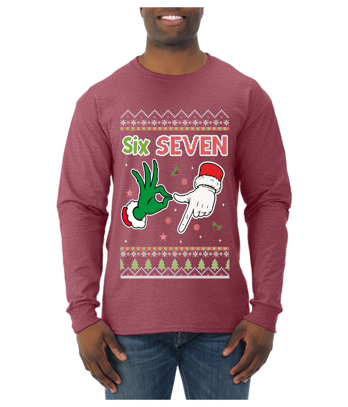 6 7 Christmas Hands, Ugly Christmas Sweater Unisex Mens Long Sleeve Shirt