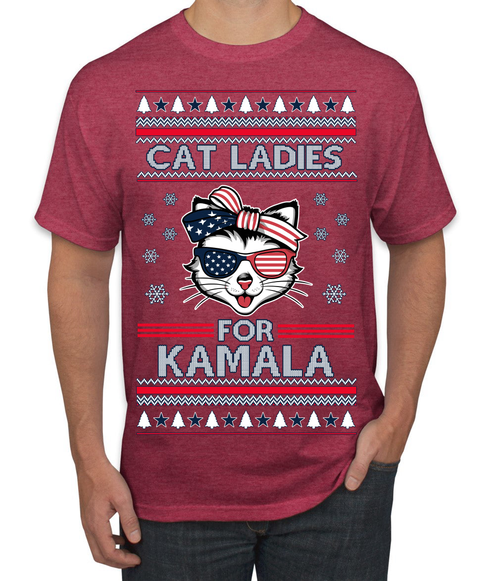 Cat Ladies for Kamala USA Glasses, Harris Tim Walz 2024 Cute USA Glasses Bow Ugly Christmas Sweater Men's T-Shirt