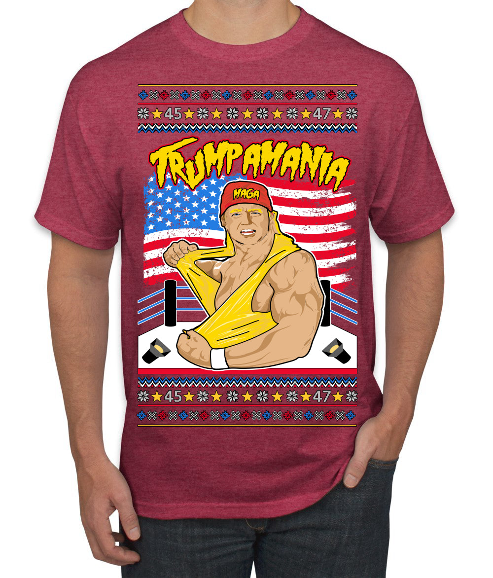 Trumpamania Funny Hogan 80s USA Wrestling Sports Parody Ugly Christmas Sweater Men's T-Shirt