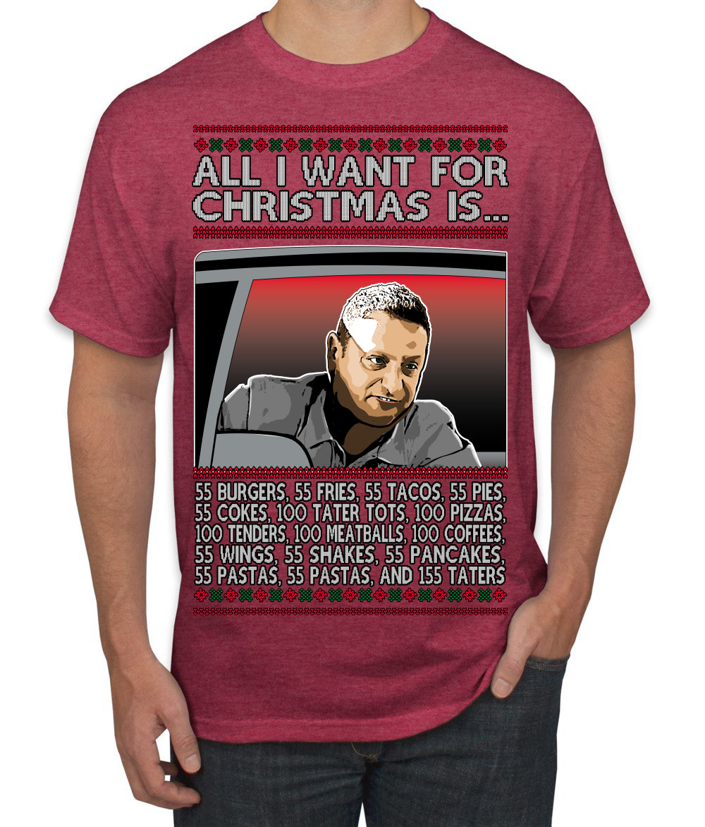 All I Want for Christmas Is 55 Burgers 55 Fries 55 Tacos 55 Pies, Funny Viral I Think Tim TV Show Gen Z Alpha Brainrot Meme Ugly Christmas Sweater Men's T-Shirt