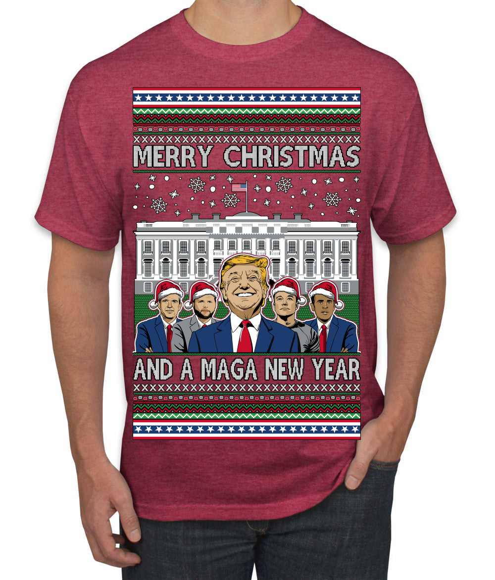 Merry Christmas and a MAGA New Year 2025 Ugly Christmas Sweater Men's T-Shirt