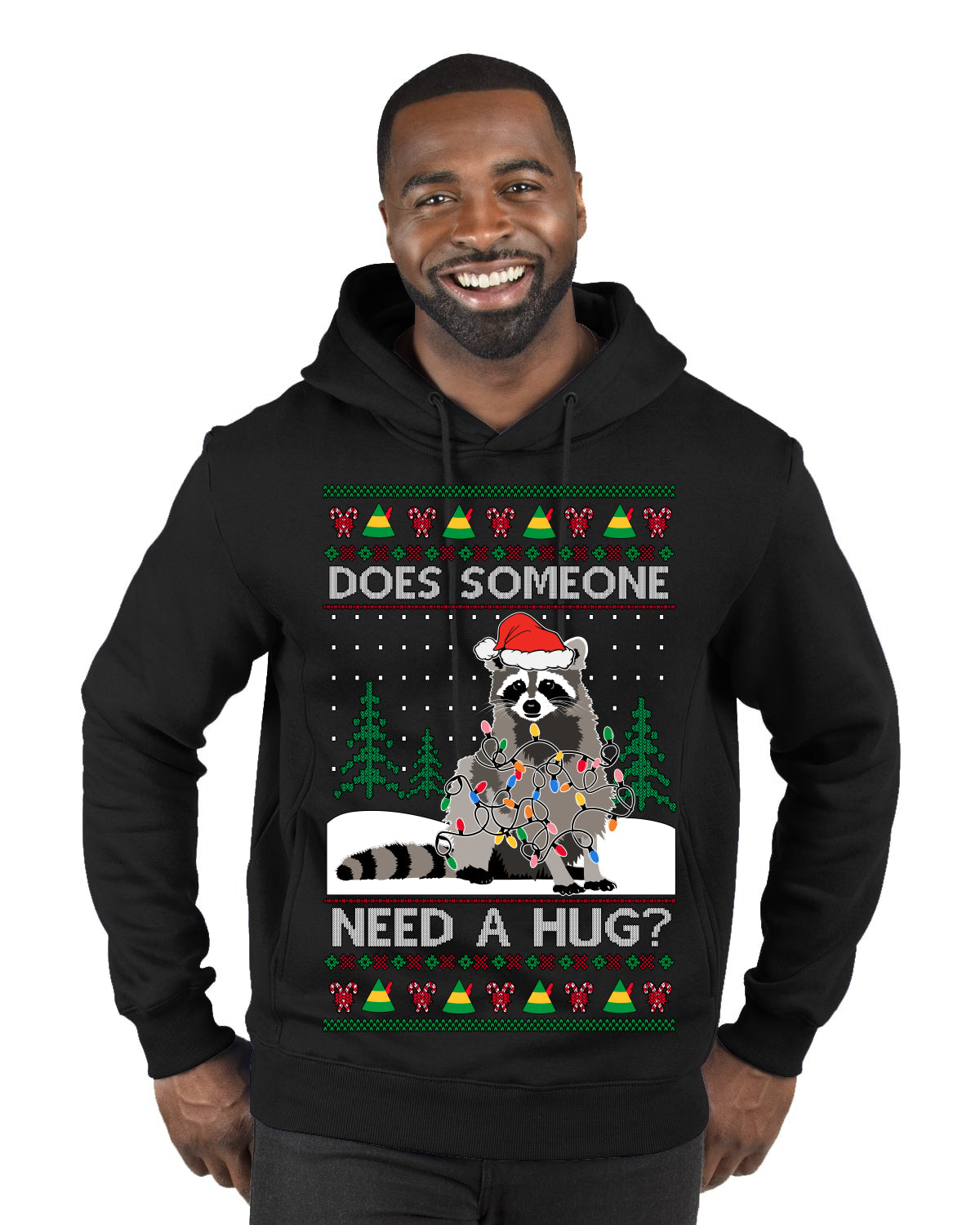 Does Someone Need a Hug? Cute Raccoon Ugly Christmas Sweater Premium Graphic Hoodie Sweatshirt