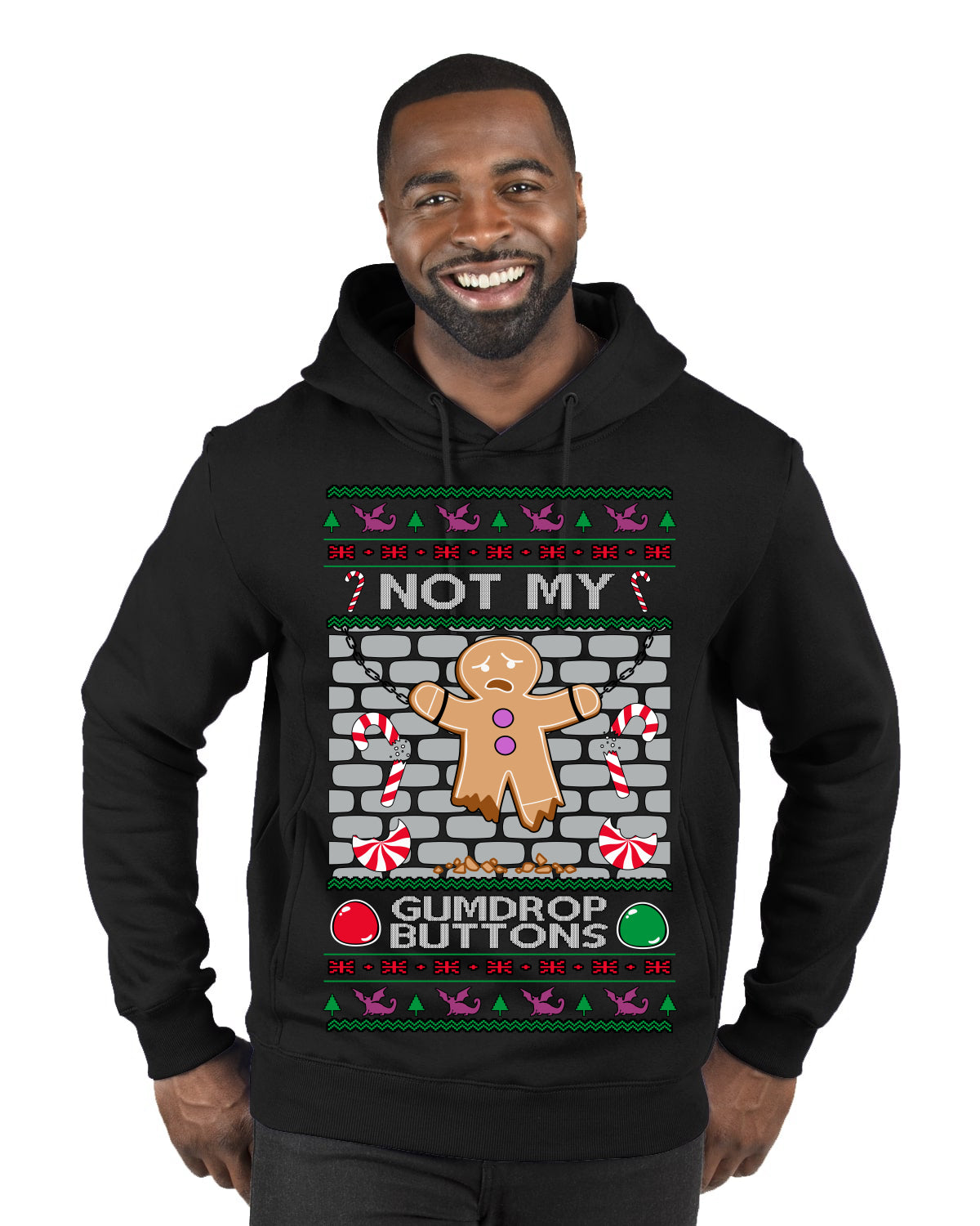 Not My Gumdrop Buttons Funny Classic Movie Quote Ugly Christmas Sweater Premium Graphic Hoodie Sweatshirt