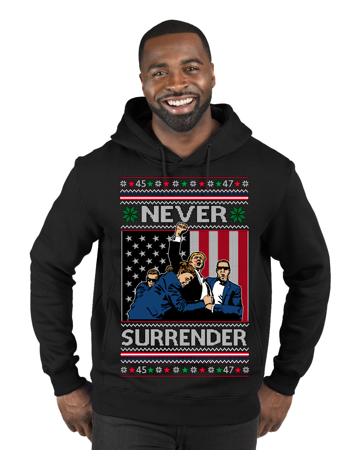 Never Surrender Pro Donald Trump Fight Fist Pump 2024 Ugly Christmas Sweater Premium Graphic Hoodie Sweatshirt