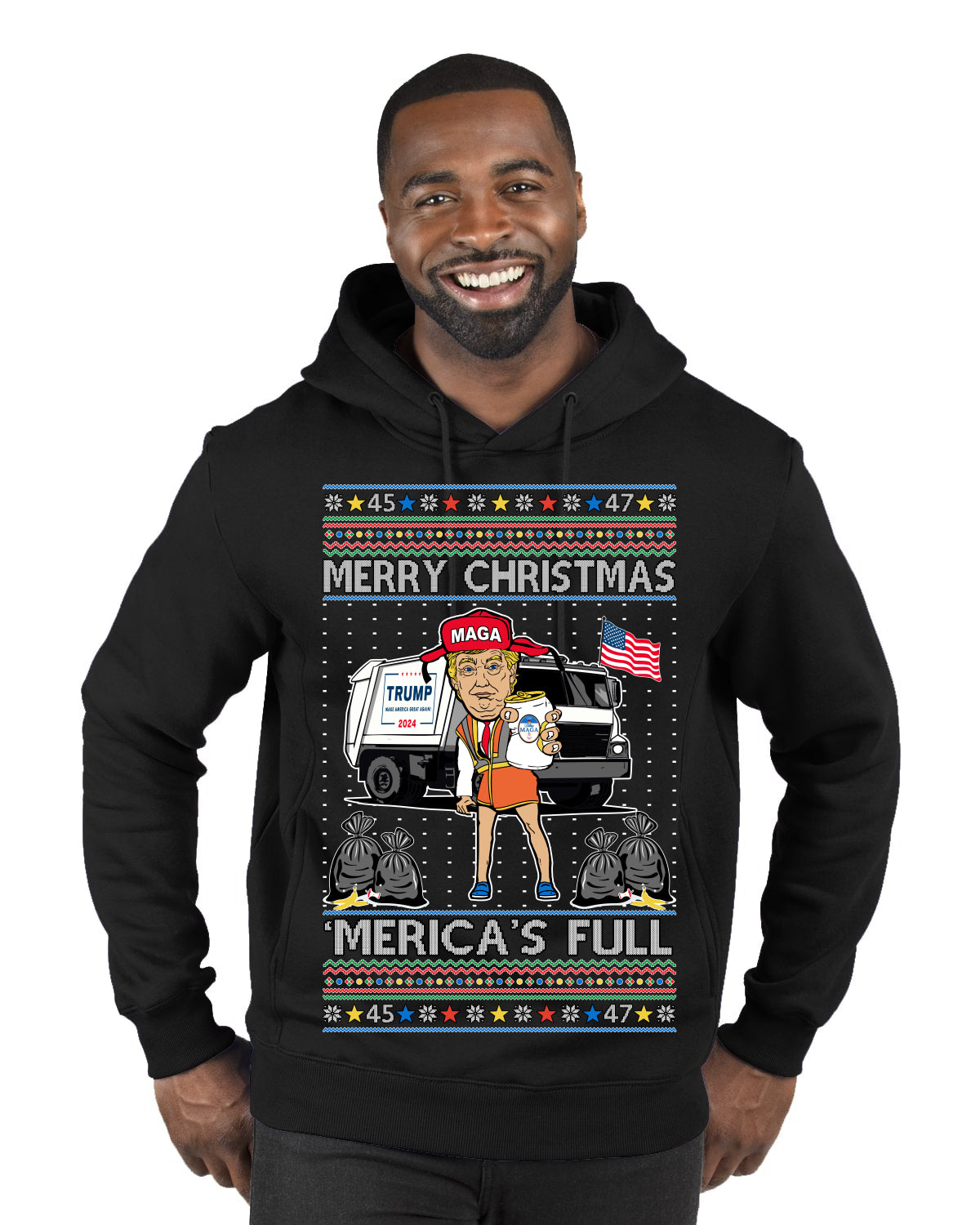 Donald Trump Merry Christmas Merica's Full Garbage Truck Ugly Christmas Sweater Premium Graphic Hoodie Sweatshirt