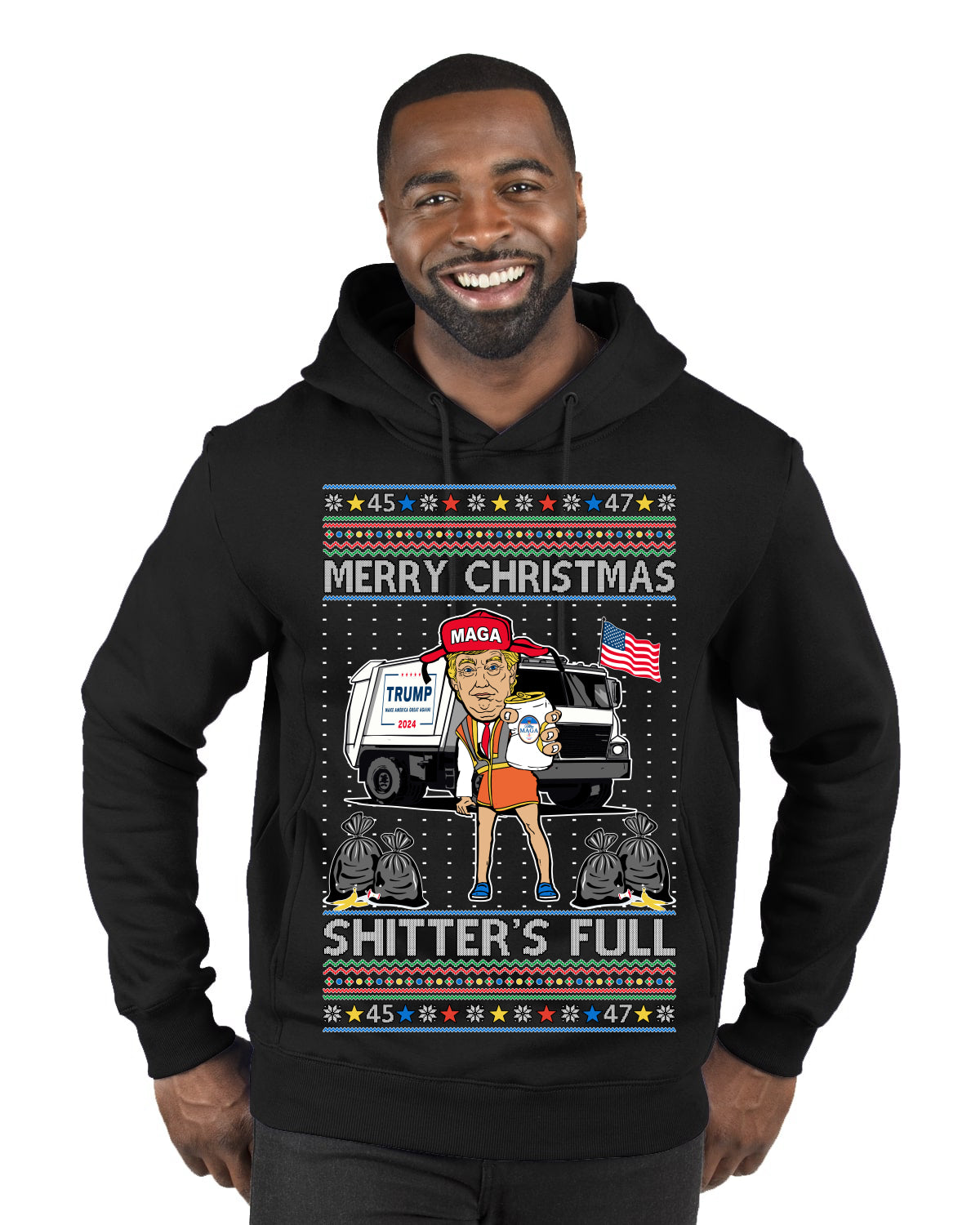 Donald Trump Merry Christmas Shitter's Full Cousin Eddie Ugly Christmas Sweater Premium Graphic Hoodie Sweatshirt