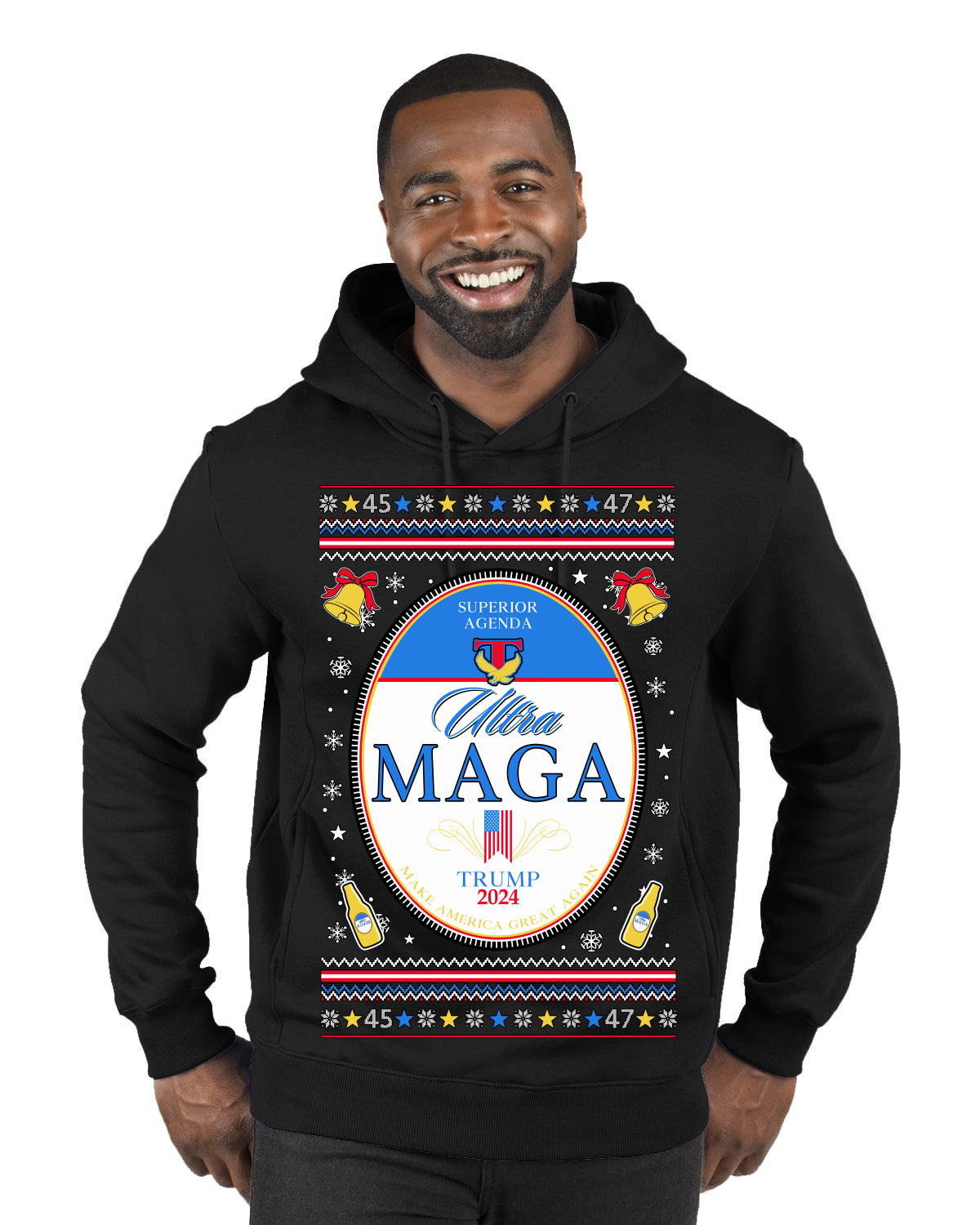Ultra MAGA Superior Agenda Trump 2024 Funny Beer Logo Ugly Christmas Sweater Premium Graphic Hoodie Sweatshirt