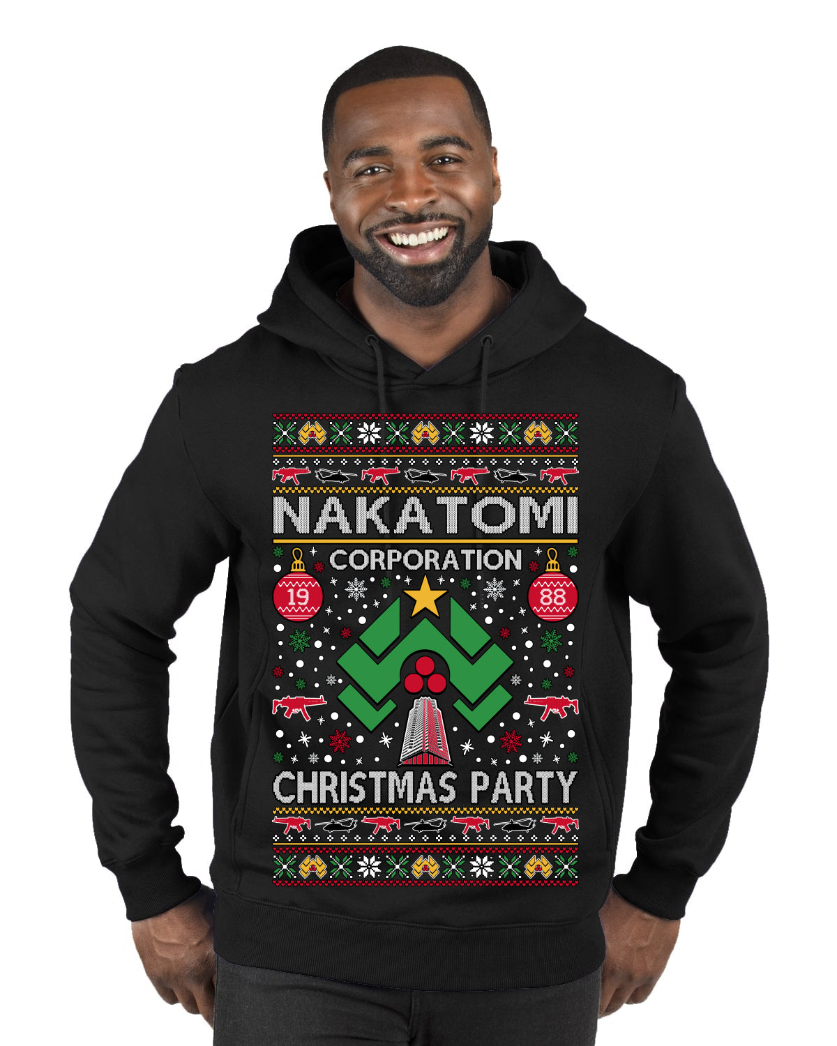 Nakatomi Corporation Christmas Party 1988 Plaza Logo, Classic Die Hard McClane 80s Xmas Movie Quote Ugly Christmas Sweater Premium Graphic Hoodie Sweatshirt
