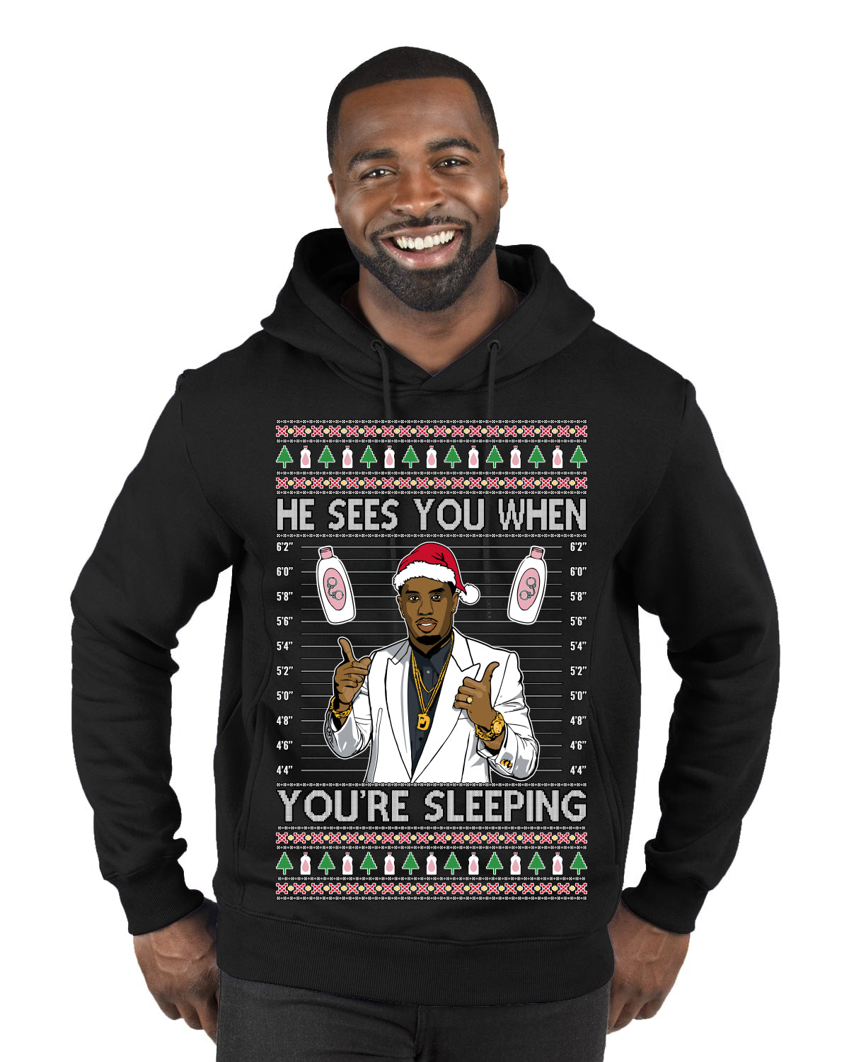 He Sees You When You're Sleeping, Funny Santa P Diddy Diddler Funny Party Viral Music Baby Oil Meme Ugly Christmas Sweater Premium Graphic Hoodie Sweatshirt