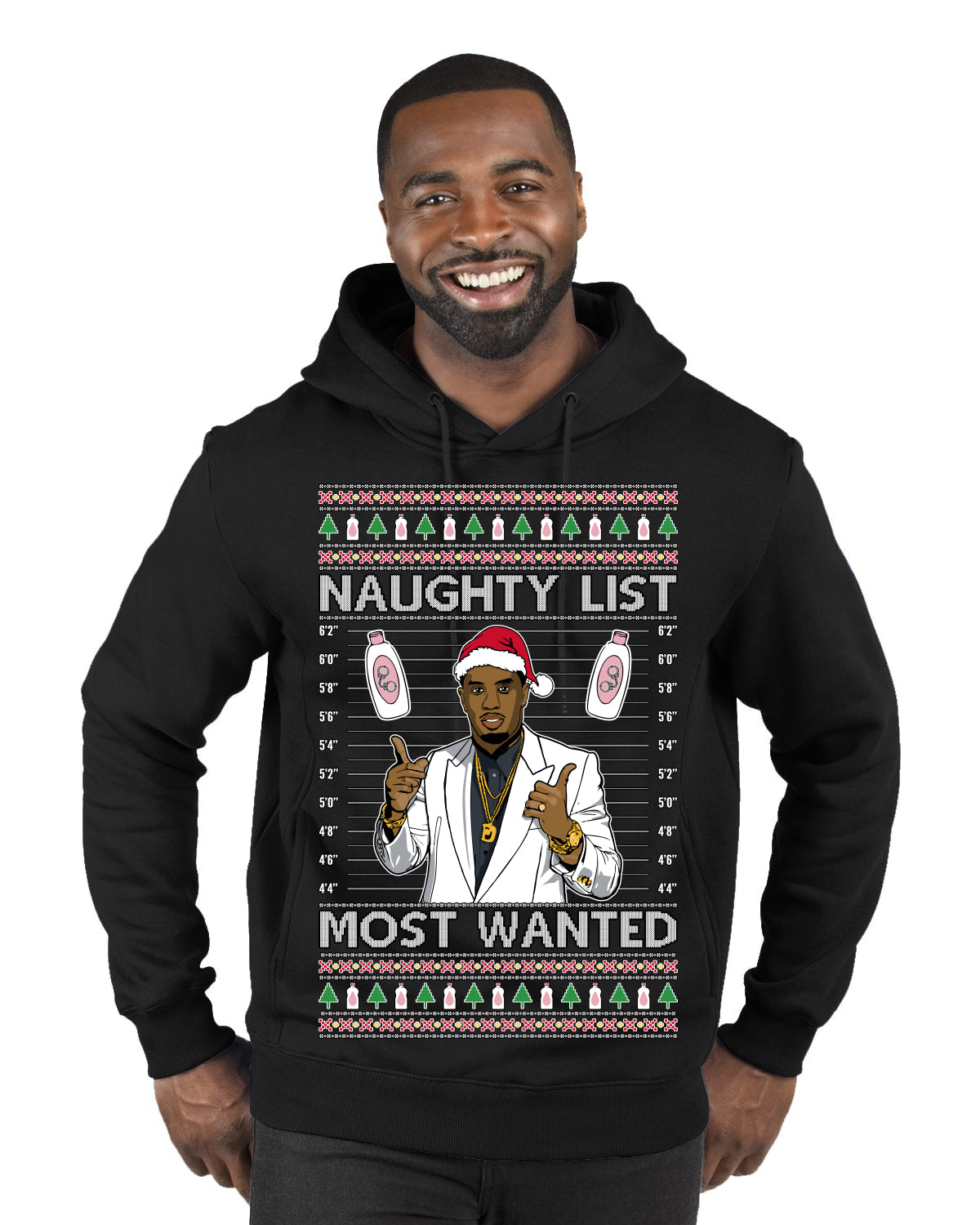Naughty List Most Wanted, Funny Santa P Diddy Diddler Funny Party Viral Music Baby Oil Meme Ugly Christmas Sweater Premium Graphic Hoodie Sweatshirt