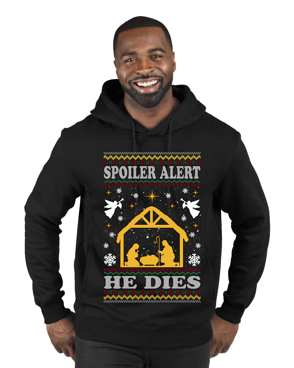 Spoiler Alert He Dies Nativity Scene, Ugly Christmas Sweater Unisex Premium Graphic Hoodie Sweatshirt