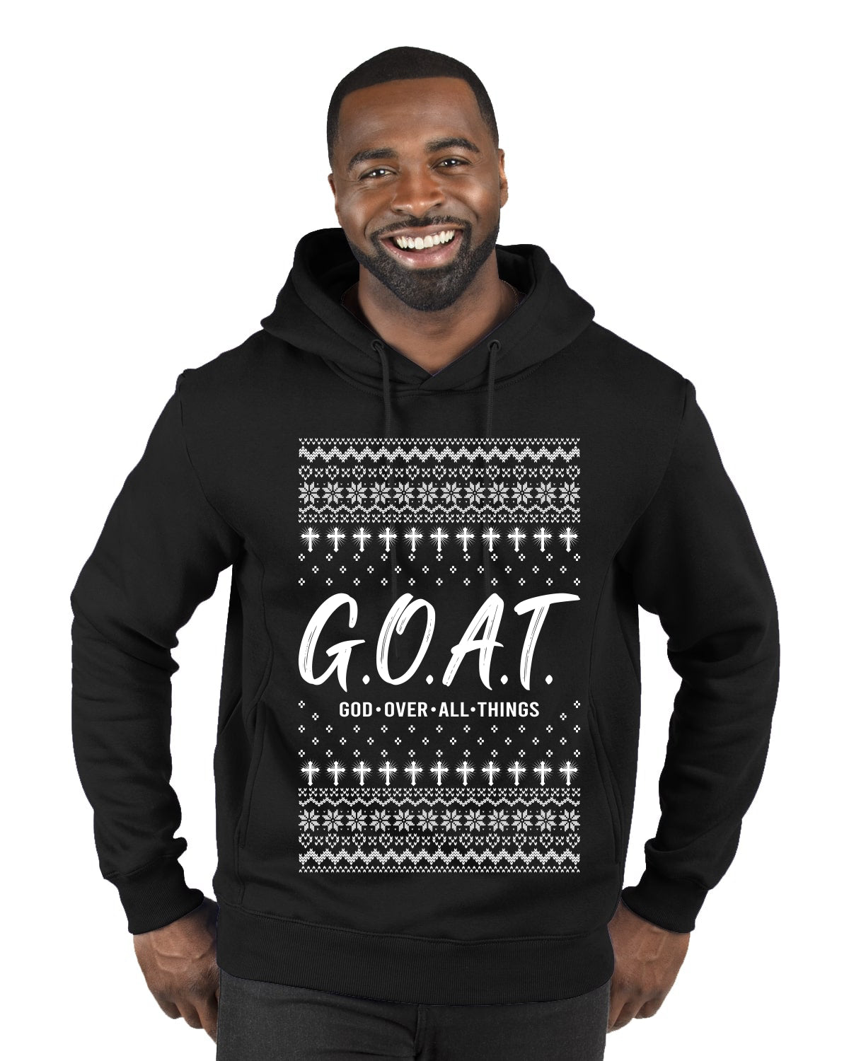 G.O.A.T. God Over All Things, Ugly Christmas Sweater Unisex Premium Graphic Hoodie Sweatshirt